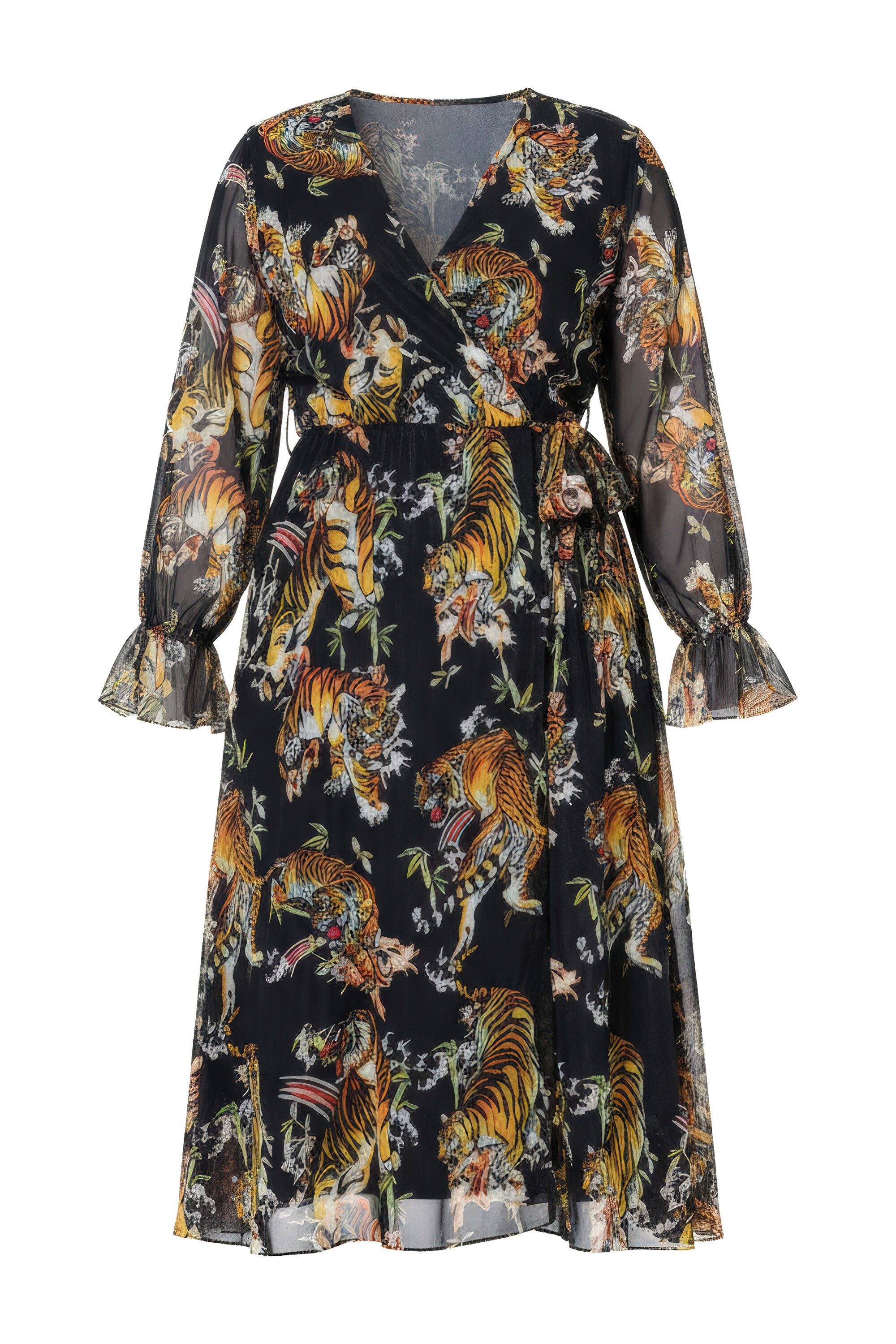 MIAMODA Jerseykleid Mesh-Midikleid A-Linie Tigerdruck Wickeleffekt günstig online kaufen