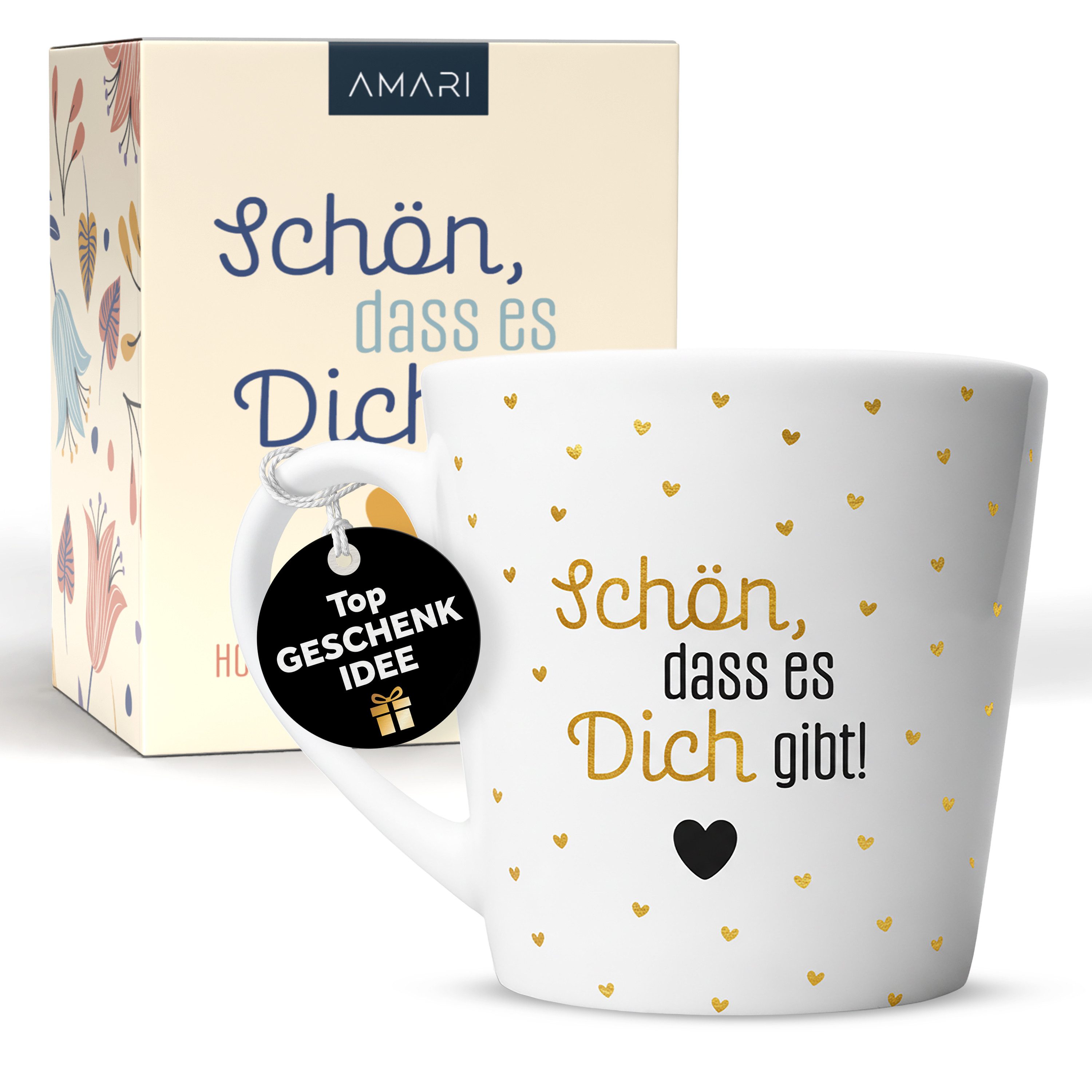 Amari Tasse Schön dass es dich gibt, Geschenkidee Freundin Mama Partner Gold Nr.22, Kaffeetasse Teetasse Bürotasse 330 ml Geschenkbox Geburtstag