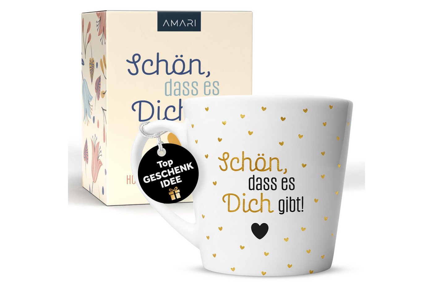 Amari Tasse Schön dass es dich gibt, Geschenkidee Freundin Mama Partner Gold Nr.22, Kaffeetasse Teetasse Bürotasse 330 ml Geschenkbox Geburtstag
