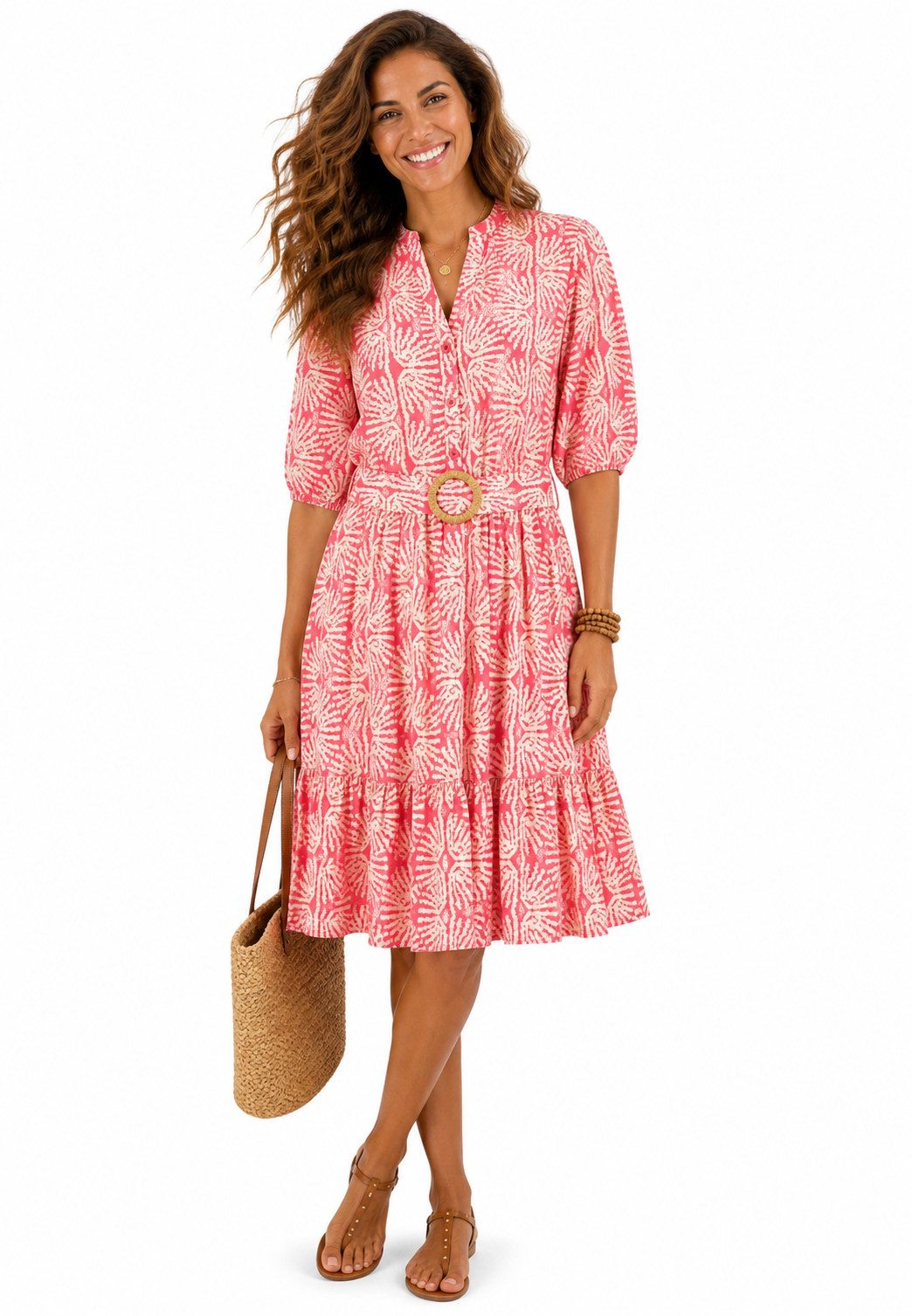SUBLEVEL Sommerkleid Sommerkleid mit Print und Gürtel Freizeitkleid 3/4 Arm Kleid Volant