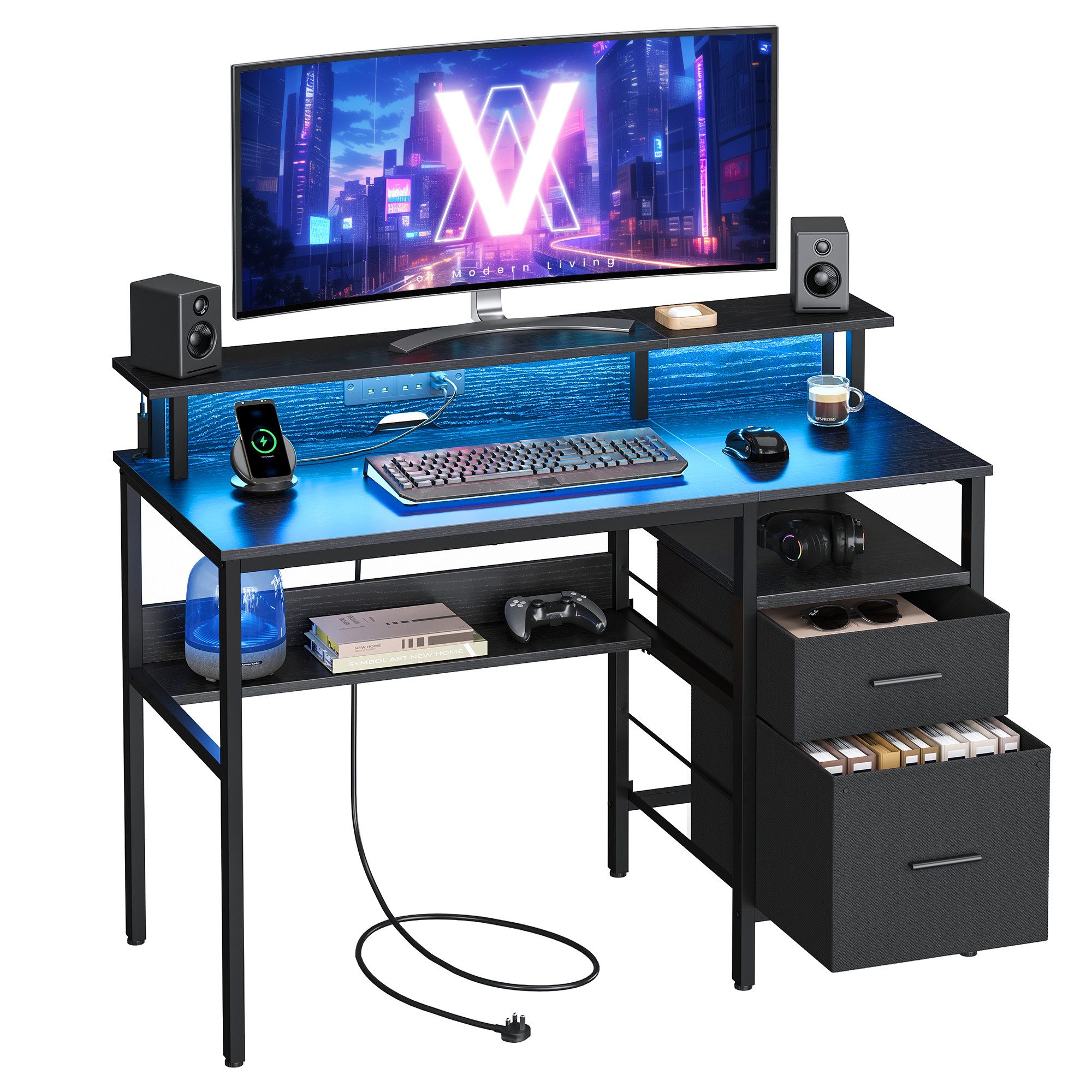 VASAGLE Schreibtisch Computertisch, mit LED-Beleuchtung, eingebaute Steckdosen, 2 USB-Anschlüsse