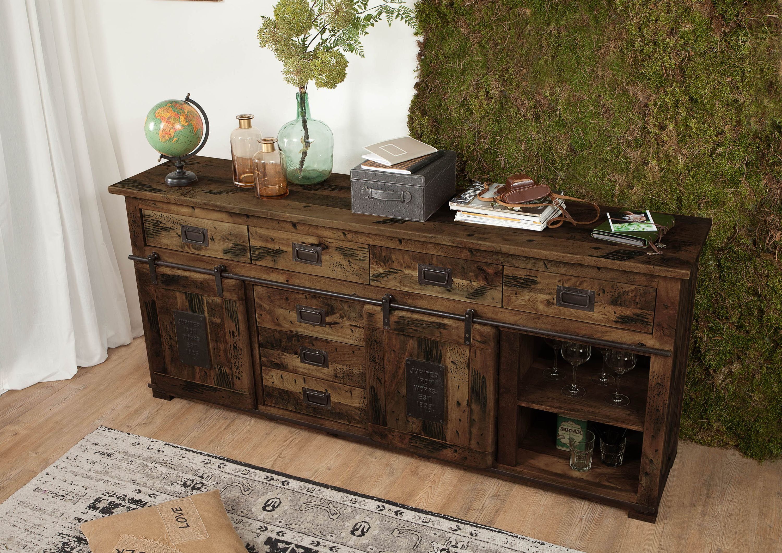 Massivmoebel24 Sideboard RAILWAY (Massivholz), Mango 200x45x90 braun lackiert RAILWAY #422