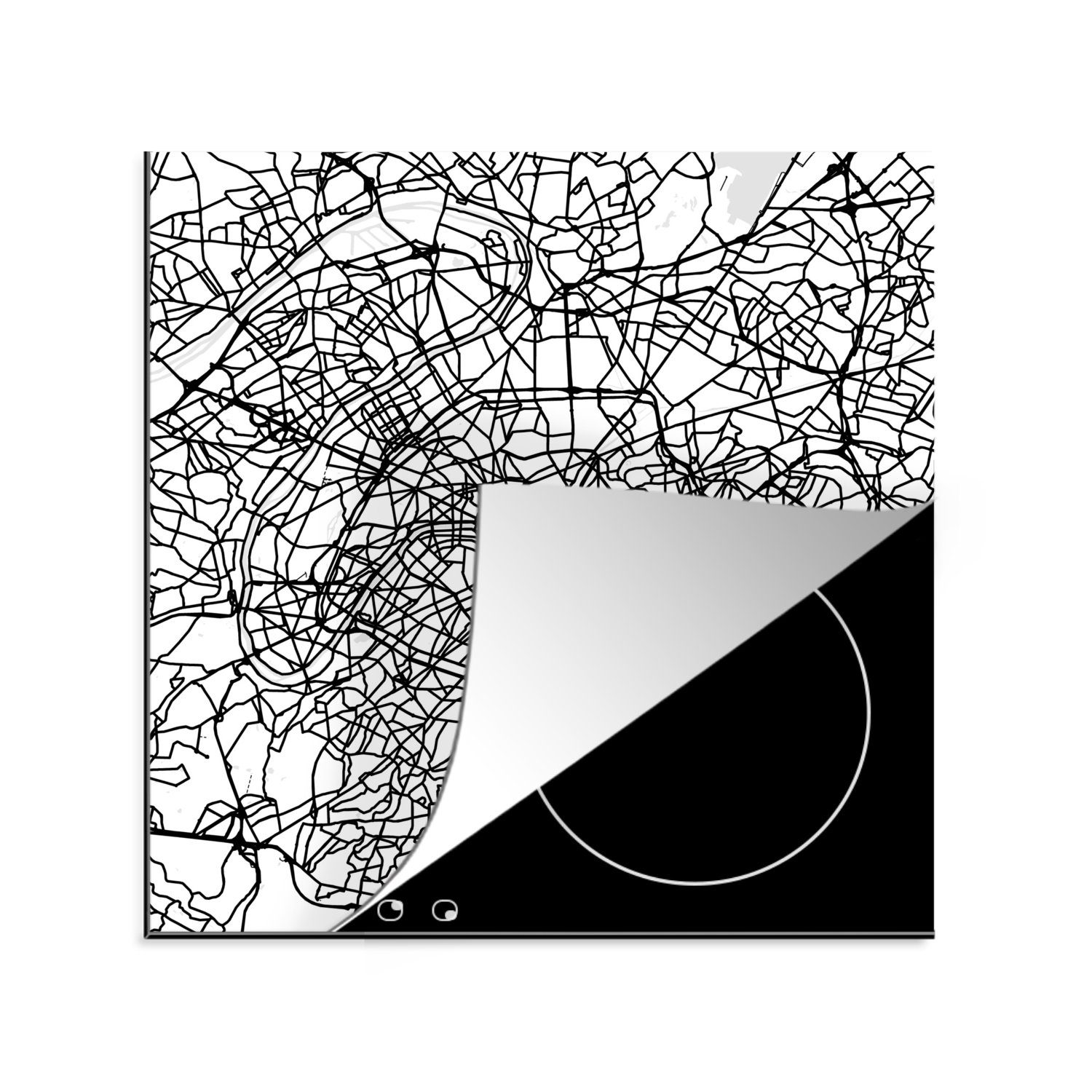 MuchoWow Herdblende-/Abdeckplatte Stadtplan - Paris - Schwarz und weiß - Karte, Vinyl, (1 tlg), 78x78 cm, Ceranfeldabdeckung, Arbeitsplatte für küche