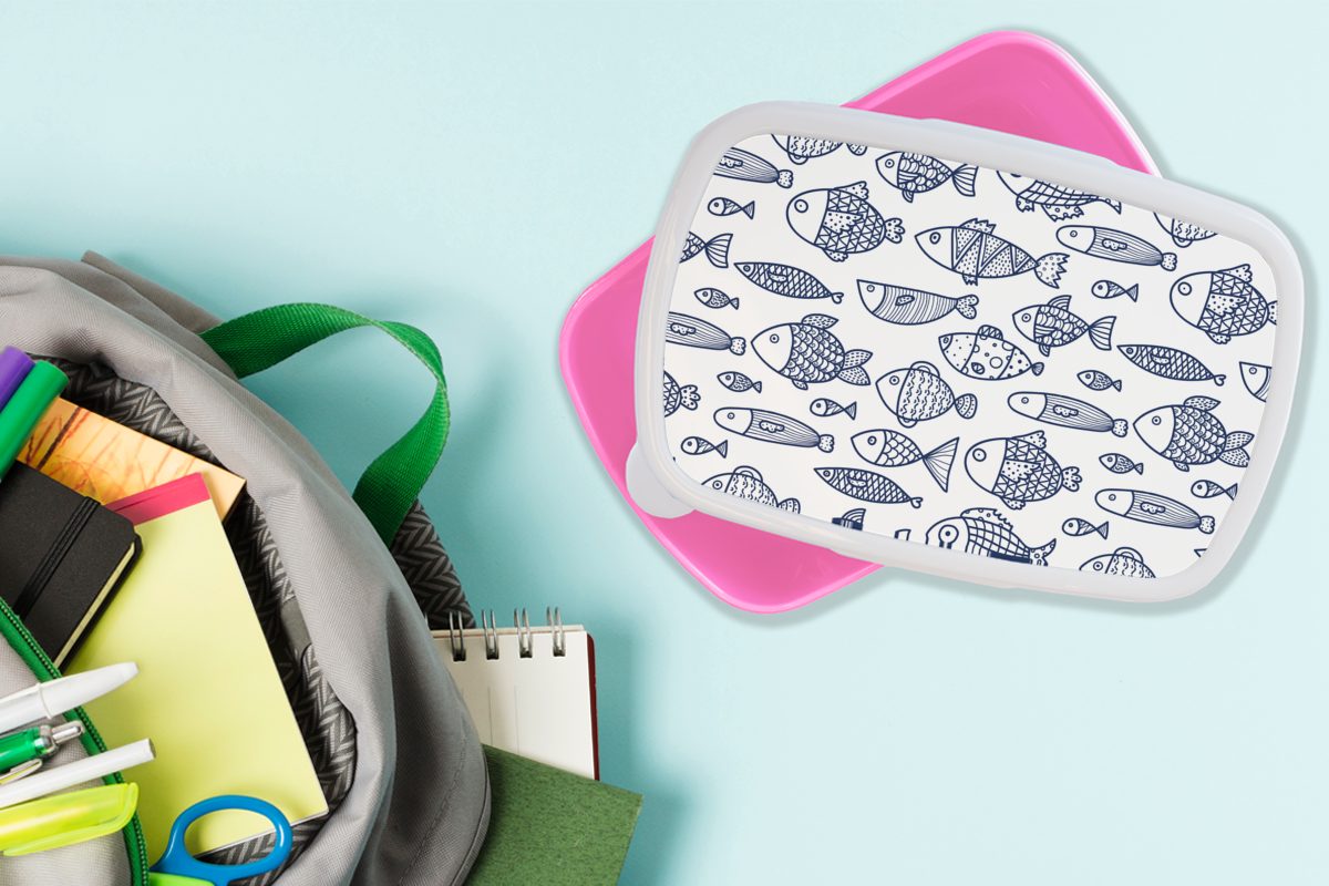 MuchoWow Lunchbox Fisch - Muster, - Skandinavien für Snackbox, Mädchen, Kunststoff, rosa Brotbox Kinder, Brotdose (2-tlg), Erwachsene, Kunststoff