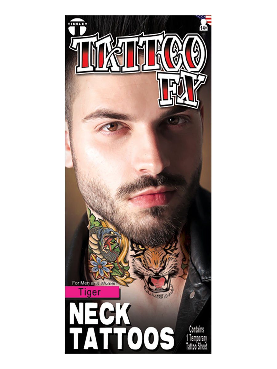 Tinsley Theaterschminke Tiger Hals-Klebetattoos - Fasching Halloween Karne, Temporäre Tattoos in beeindruckend realistischer Hollywood-Qualität