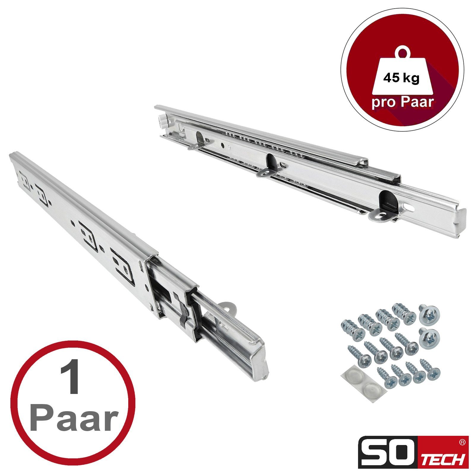 SO-TECH® Auszug Vollauszüge KV4-45-H45-NF-MS Traglast 45 kg mit Auflagewinke, Länge 250 mm, 1 Paar inkl. Schraubenset