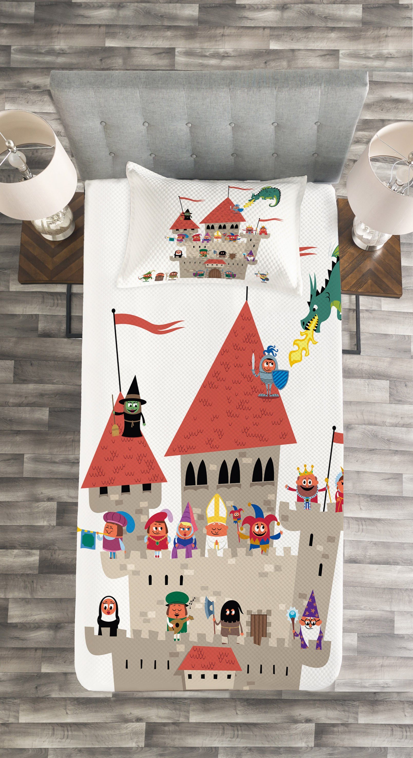 Tagesdecke Set mit Kissenbezügen Abakuhaus, Waschbar, Cartoon Fantasie Kingdom Drachen
