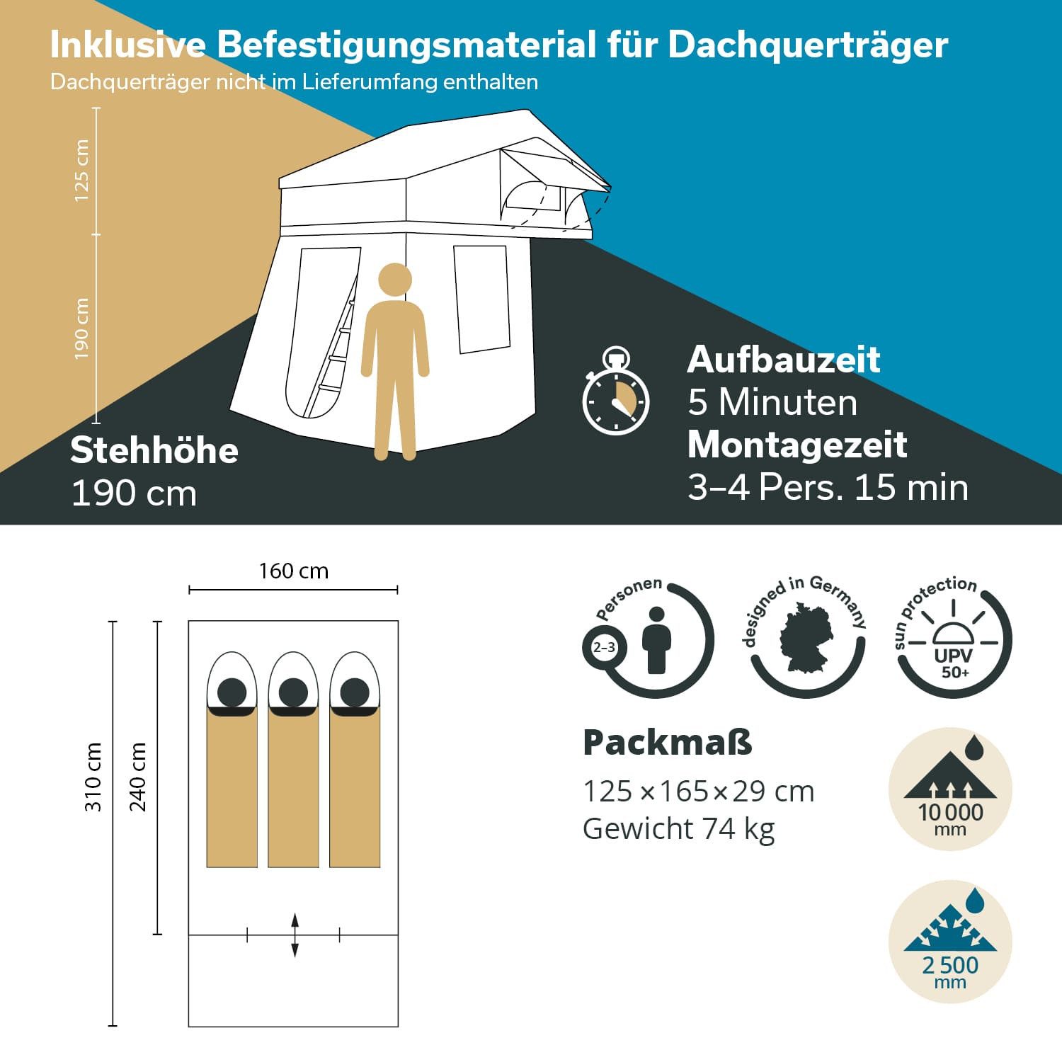 Skandika Dachzelt Freeland, Personen: 2 (L mit Vorzelt), wasserfest 2500 mm, Eingang und Fenster mit Moskitonetz