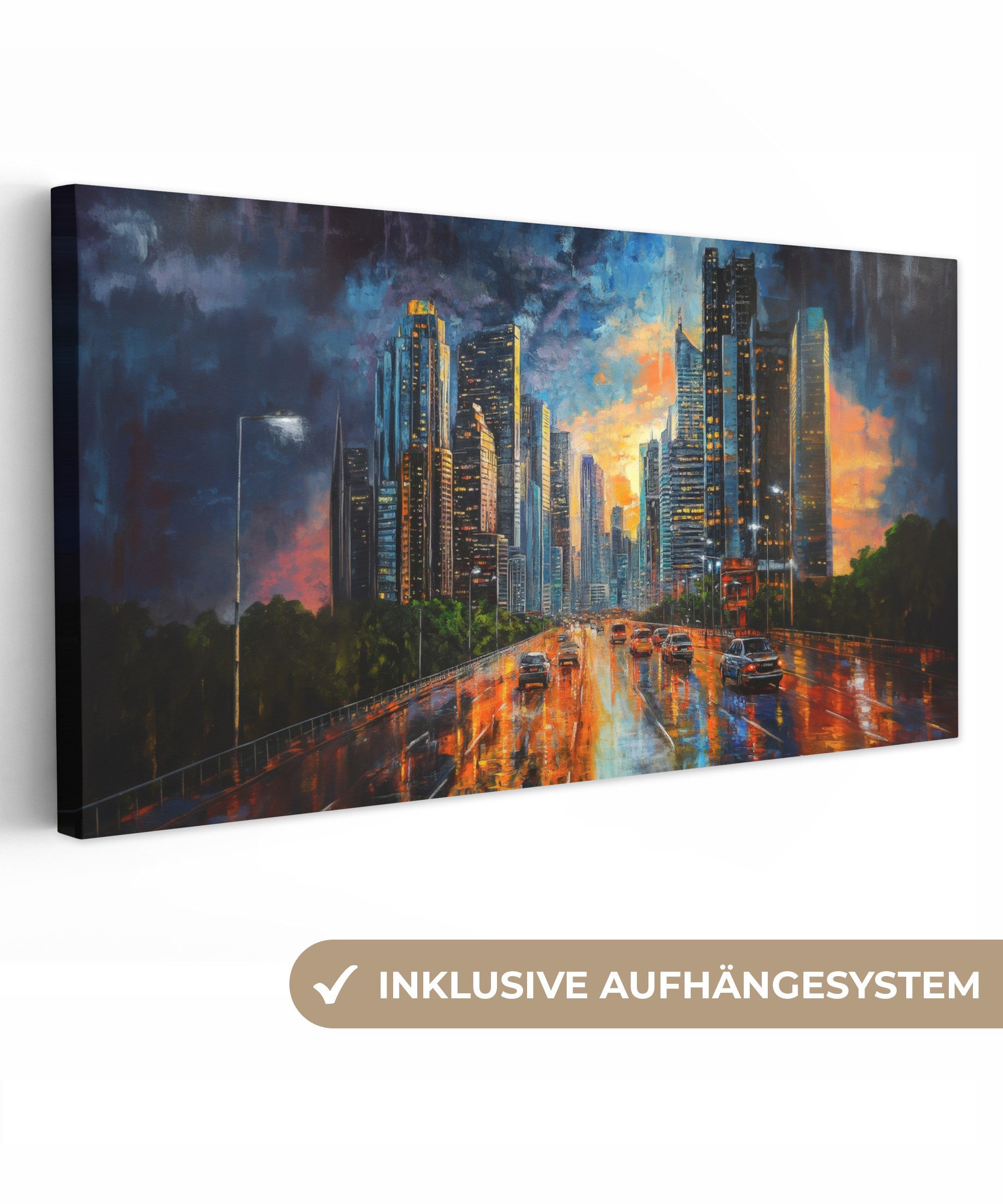 OneMillionCanvasses® Leinwandbild Panorama Auto - Skyline - Sonne - Blau, F günstig online kaufen