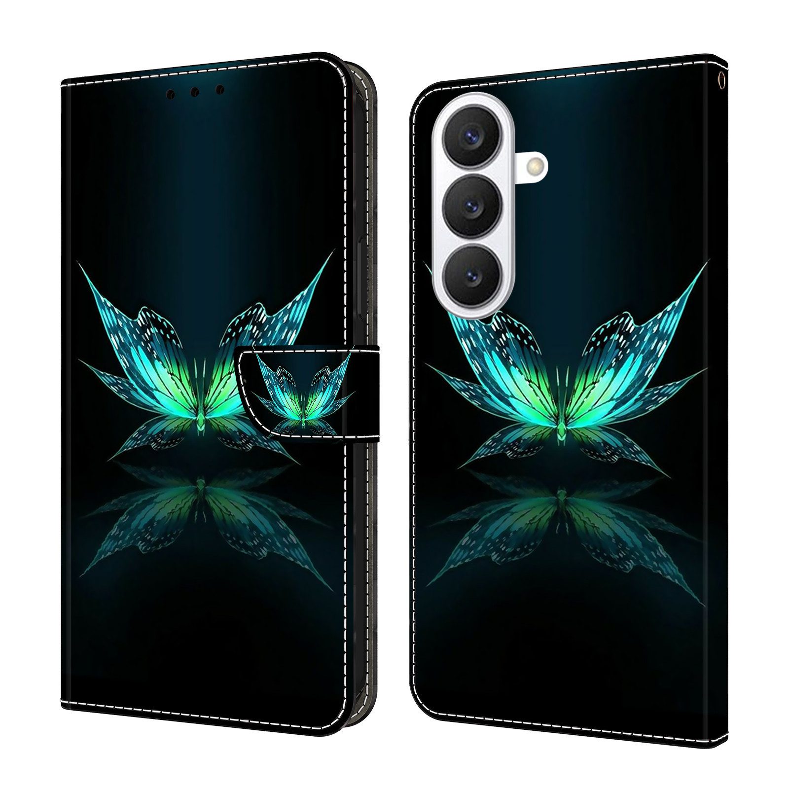 CLM-Tech Handytasche für Samsung Galaxy S26 PU-Leder Klapphülle (schwarz türkiser Schmetterling, 1-tlg., Flip Case), Magnetverschluss, Kartenfächer und Standfunktion