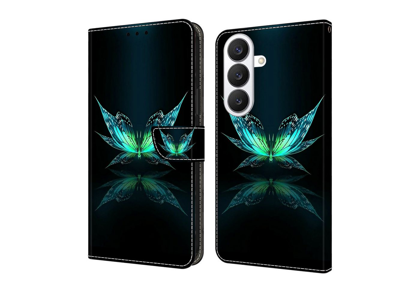 CLM-Tech Handytasche für Samsung Galaxy S26 PU-Leder Klapphülle (schwarz türkiser Schmetterling, 1-tlg., Flip Case), Magnetverschluss, Kartenfächer und Standfunktion