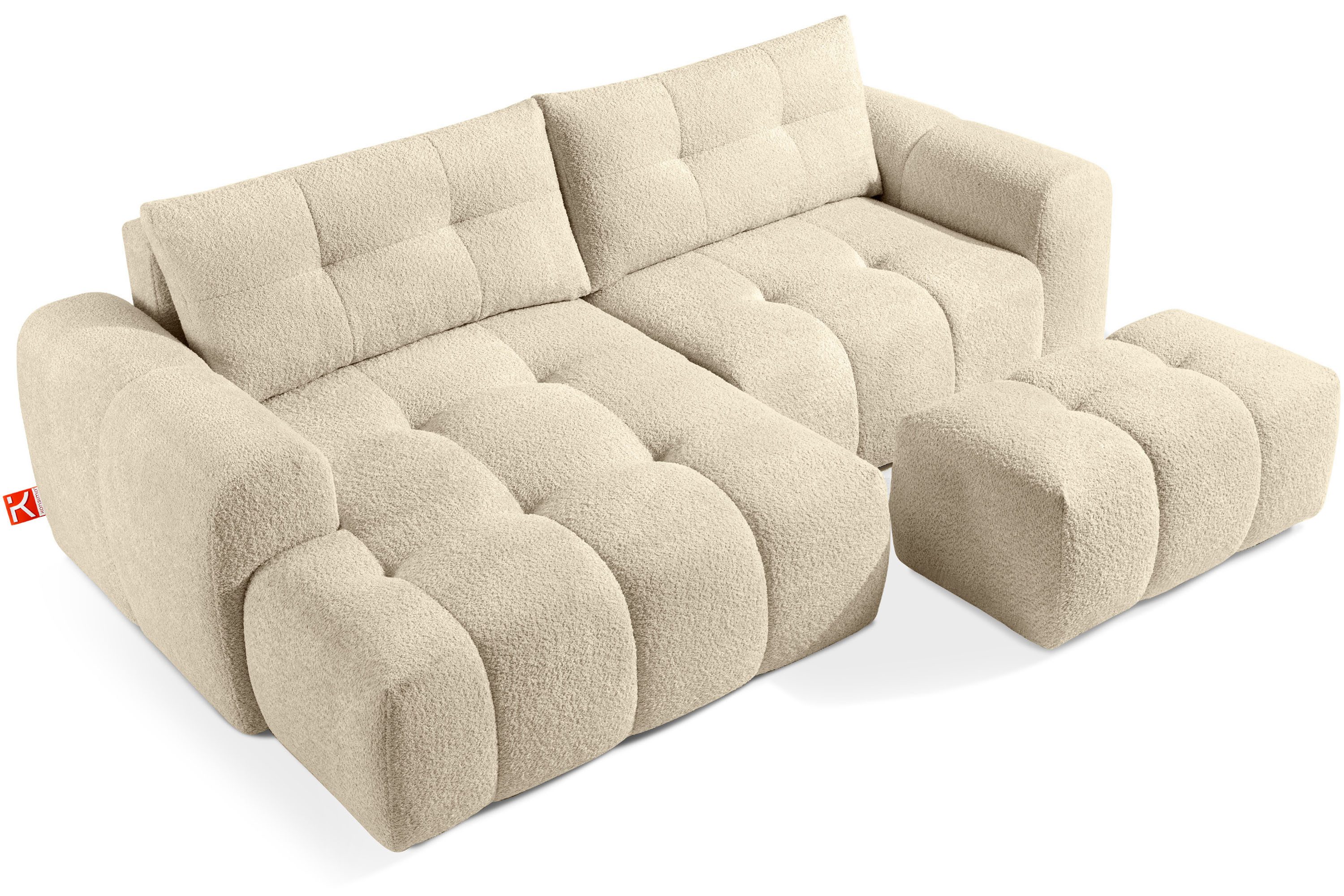 KONSIMO® Polstergarnitur RAVIA Ecksofa mit Polsterhocker, Modern-Stil, Premiumqualität aus EU, (2-tlg., 1x Hocker, 1x Ecksofa links), kompakte Größe, Bouclé-Stoff, ausziehbare Liegefläche (193x150 cm)