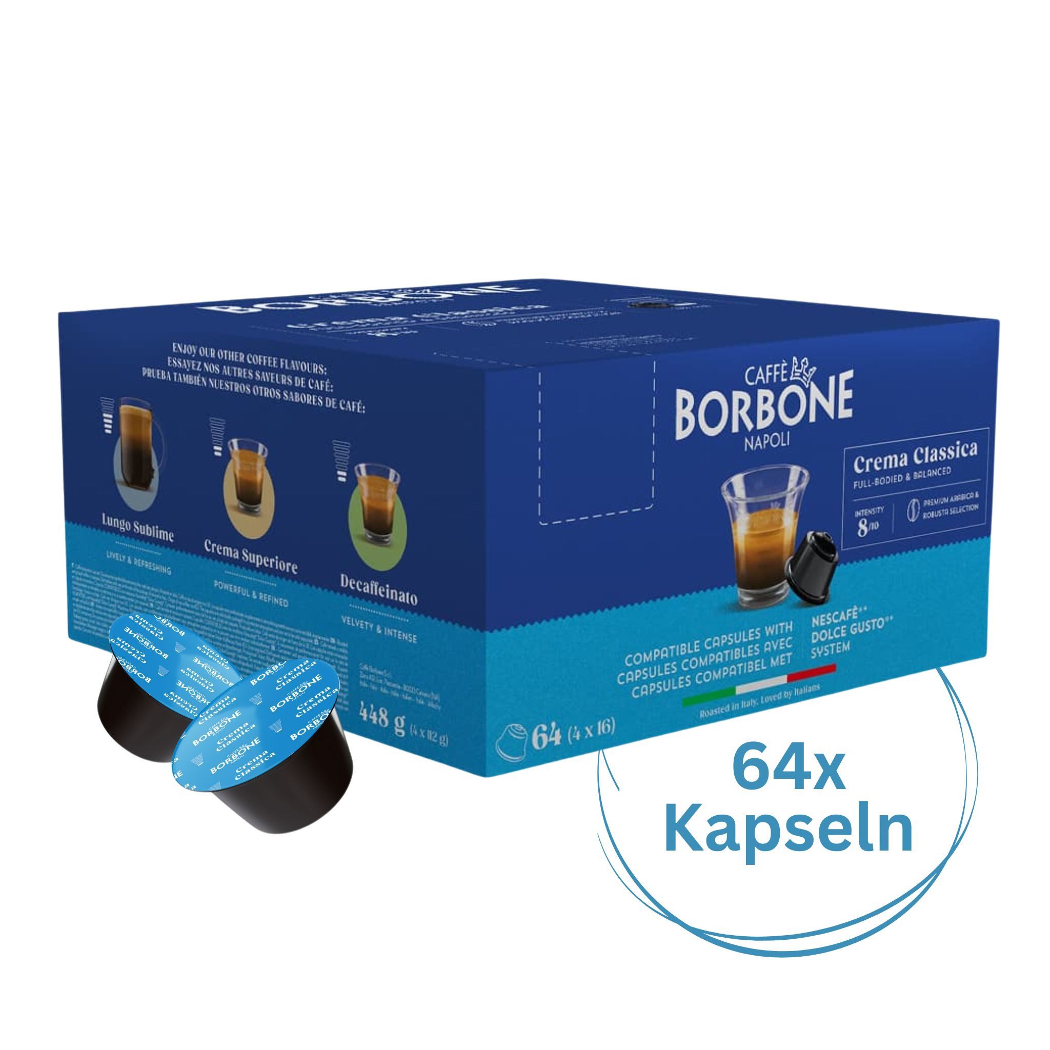 Caffè Borbone Kaffee Caffè Borbone Crema Classica 64x7g Kaffeekapseln, 1 x 7 g, 64 St. (vollmundig & ausgewogen, Kompatibel Kaffeemaschinen Marke Nescafè®* Dolce Gusto)