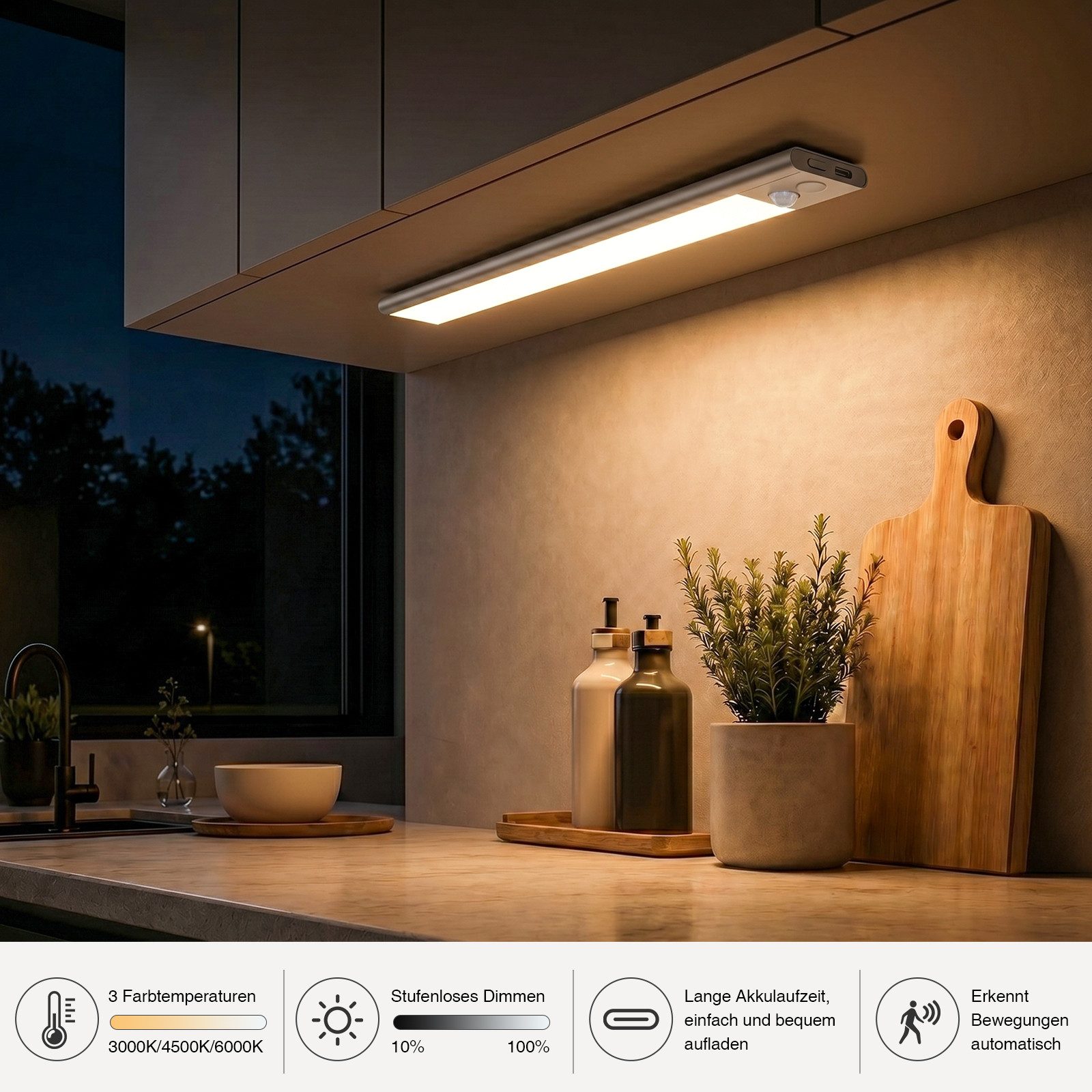 ANYSUN LED Unterbauleuchte Küche Akku Schrankbeleuchtung mit Bewegungsmelder 23cm 40cm 60cm, Küche Licht USB-C Aufladbar Nachtlampe Magnetisch Unterschrank Beleuchtung, Touch Steuerung, LED fest integriert, Neutralweiß, Kaltweiß, Warmweiß, 3 Farbe Dimmbar
