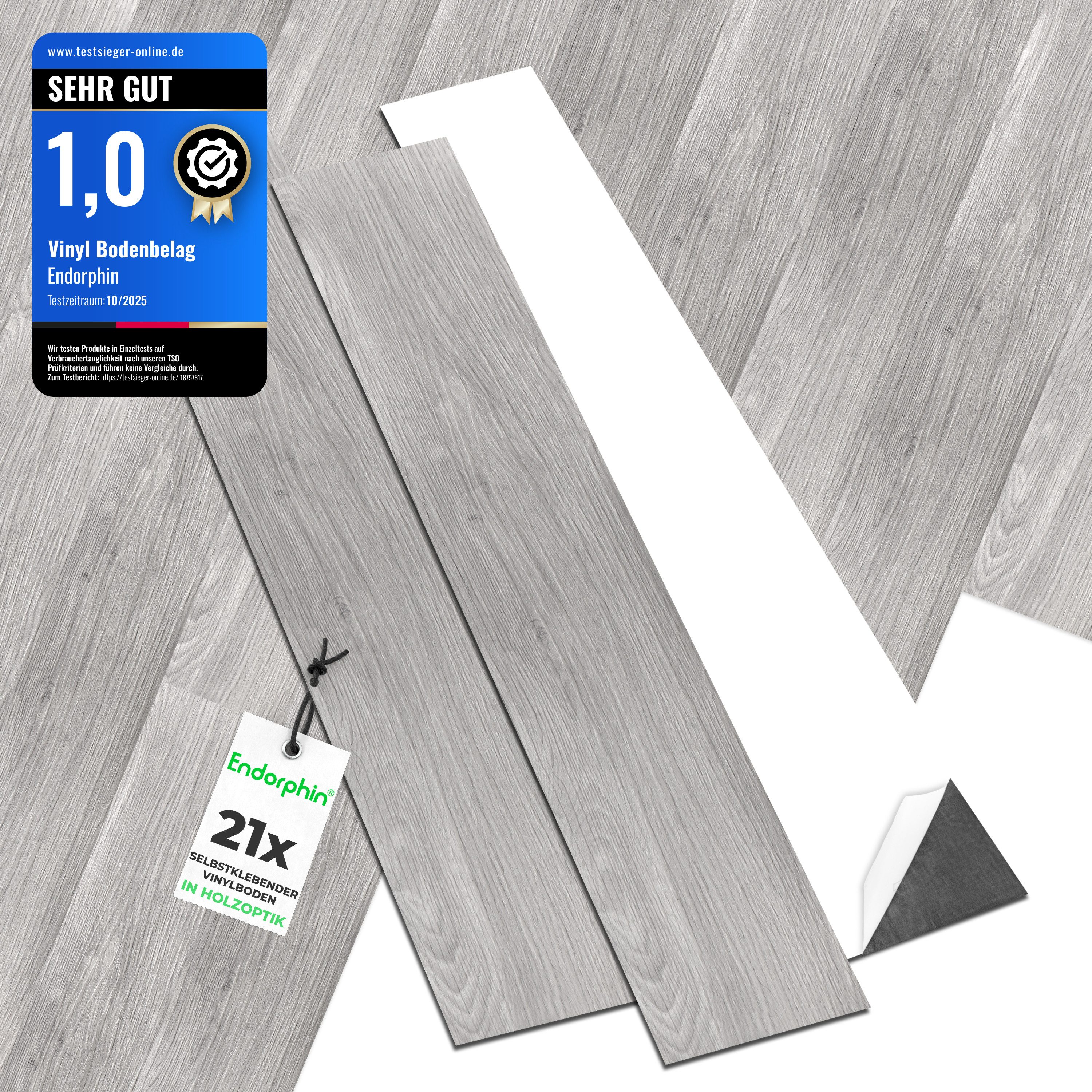 Endorphin Vinylboden Vinylboden selbstklebend in Holzoptik Hellgrau 2,93qm, selbstklebend, aus recyceltem Material, mit fühlbarer Oberfläche