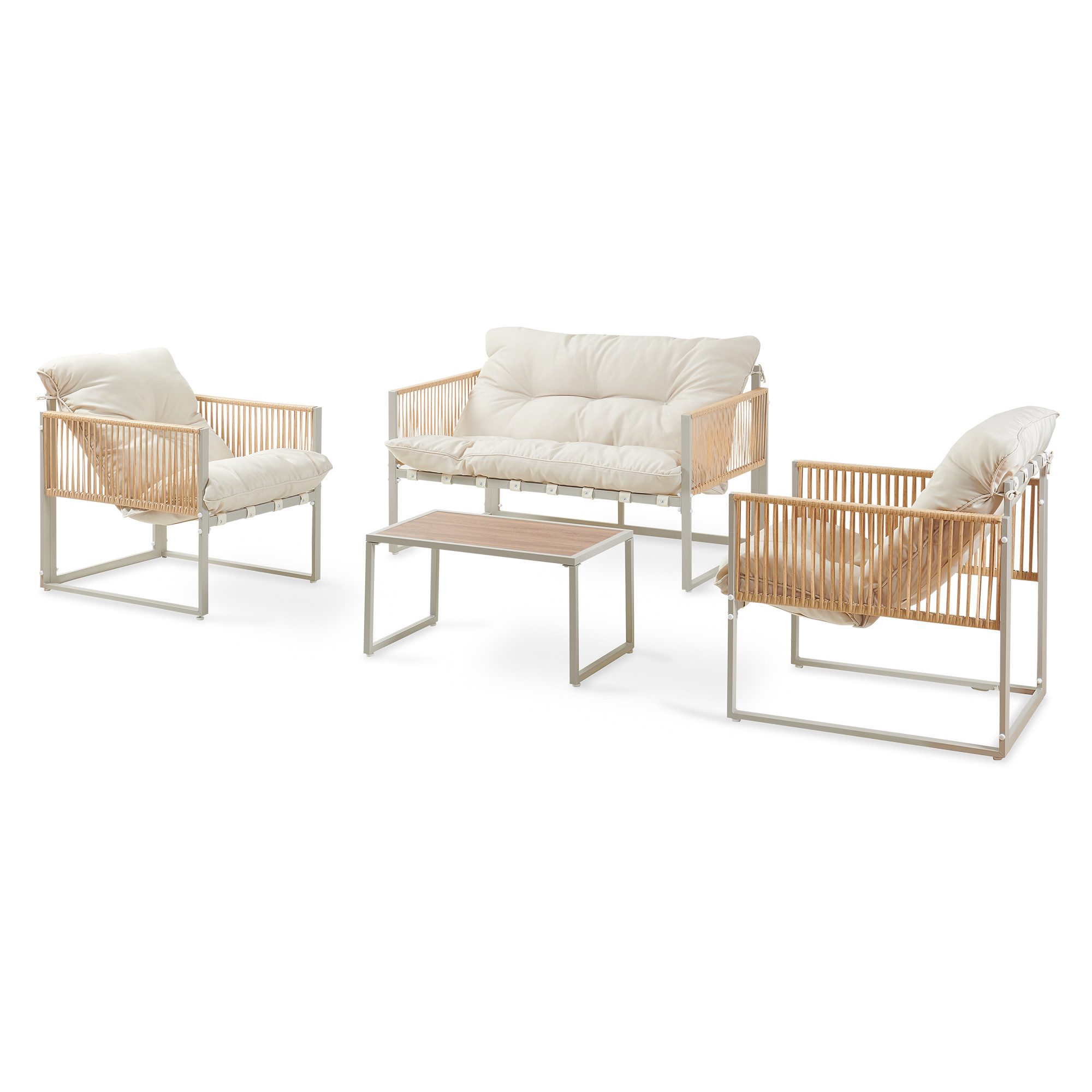 casa.pro Gartenlounge-Set, (Set, 4-tlg., 1 Couchtisch, 1 Sitzbank, 2 Sessel), »Karg« mit Polsterkissen Stahlgestell Beige/Rattanoptik