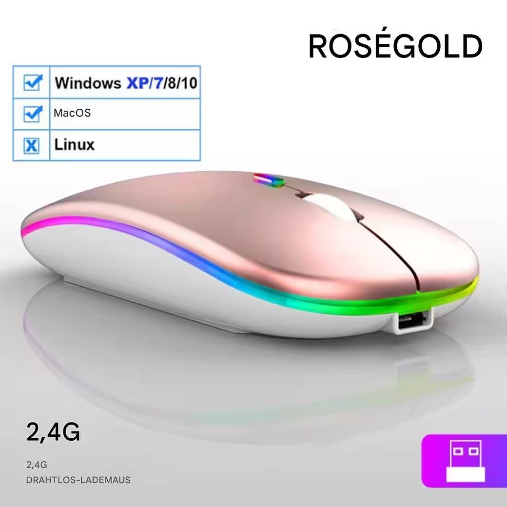 Wrischan Kabellose Wiederaufladbare Bluetooth-Maus – Roségold, Leise & Präzise Mäuse (Maus mit 3 Tasten, einstellbarer DPI und einer DPI von 1600)