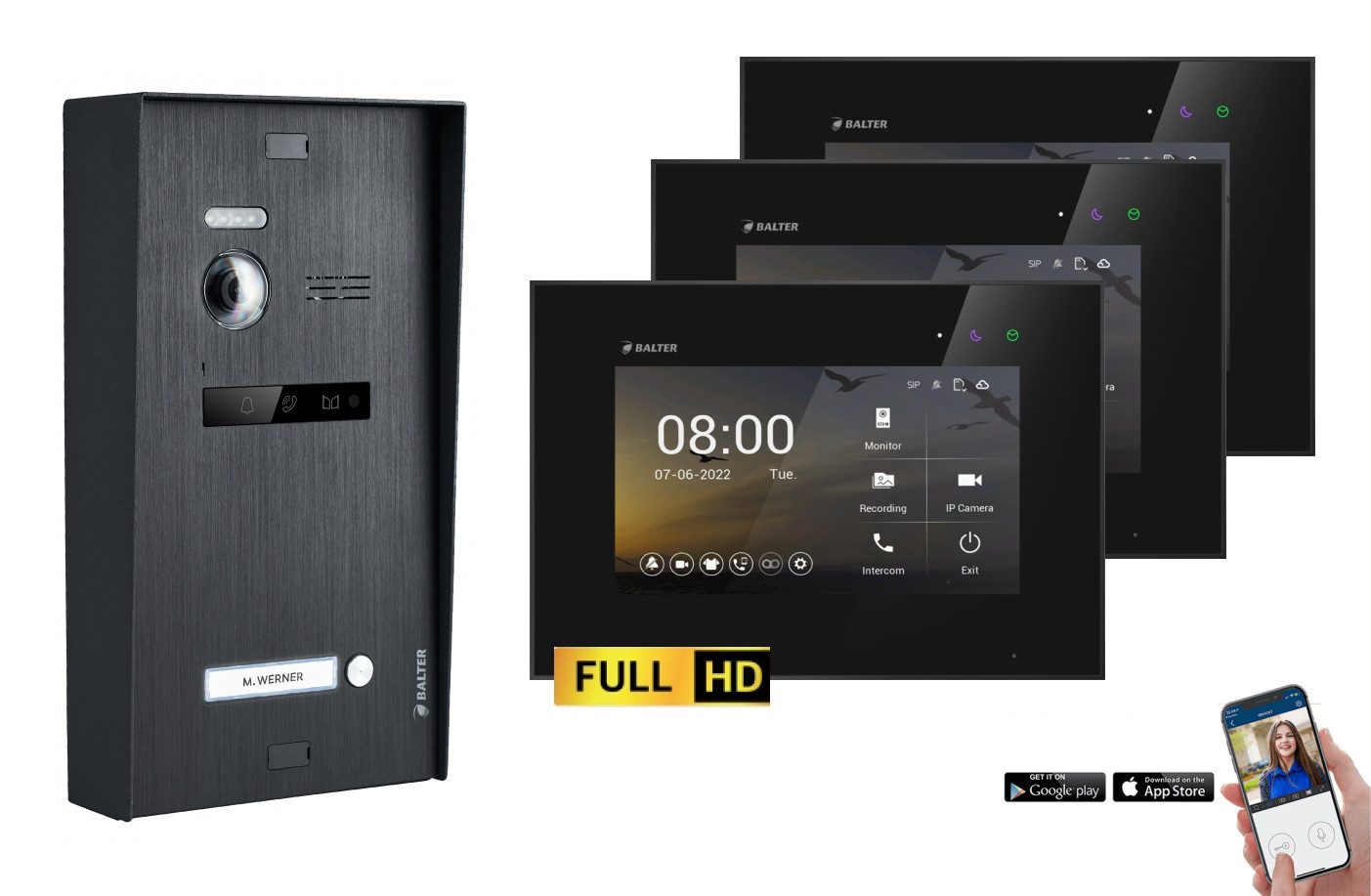 Balter Video-Türsprechanlage BALTER EVO-HD Aufputz Türsprechanlage 2-Draht 1-Familienhaus Schwarz (Set, 1-Familienhaus, Komplettset, Full HD 175° Kamera, App-Steuerung)