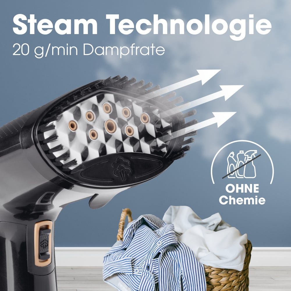 CLEANmaxx Dampfbürste faltbar 1600W schwarz 165ml Tank, 1600 W, Dampfglätter für Kleidung, Mit 2in1 Funktion
