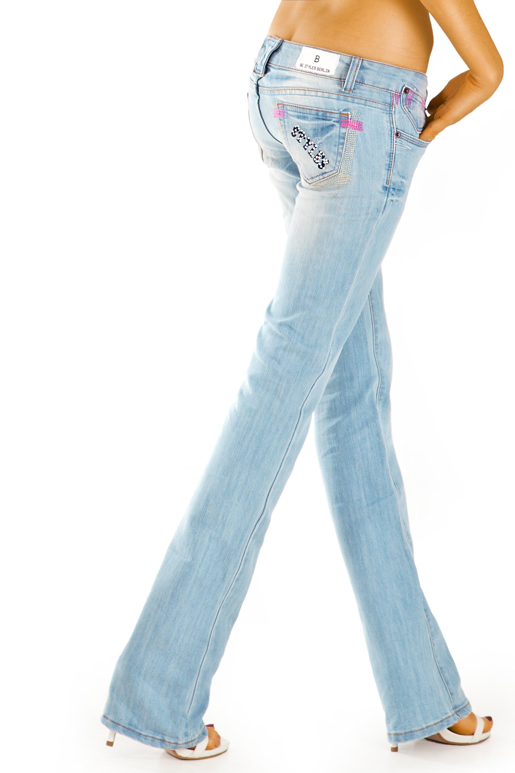 tiefer 5-pOcket-Style Stretch-Anteil, Leibhöhe, Bootcut - extrem Leibhöhe - styled Bootcut-Jeans Jeanshose sehr Damen j37a-1 be mit Hüftjeans niedrige