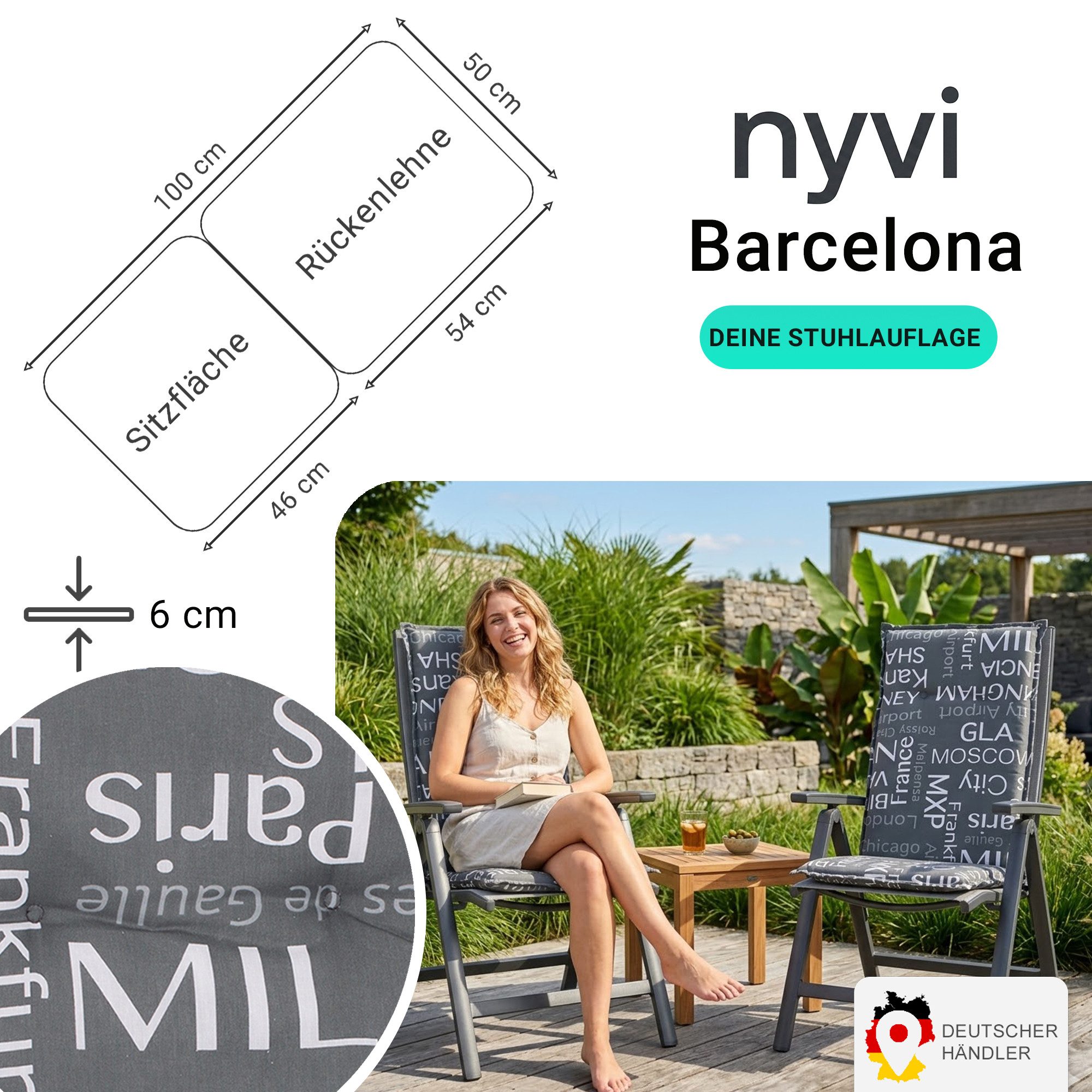 NYVI Sitzauflage Niedriglehner Auflagen 2er Set Barcelona Gartenstuhlauflagen 100x50cm, (2 St), Niederlehner Stuhlauflage Sitzauflage mit Halteband Schrift Namen