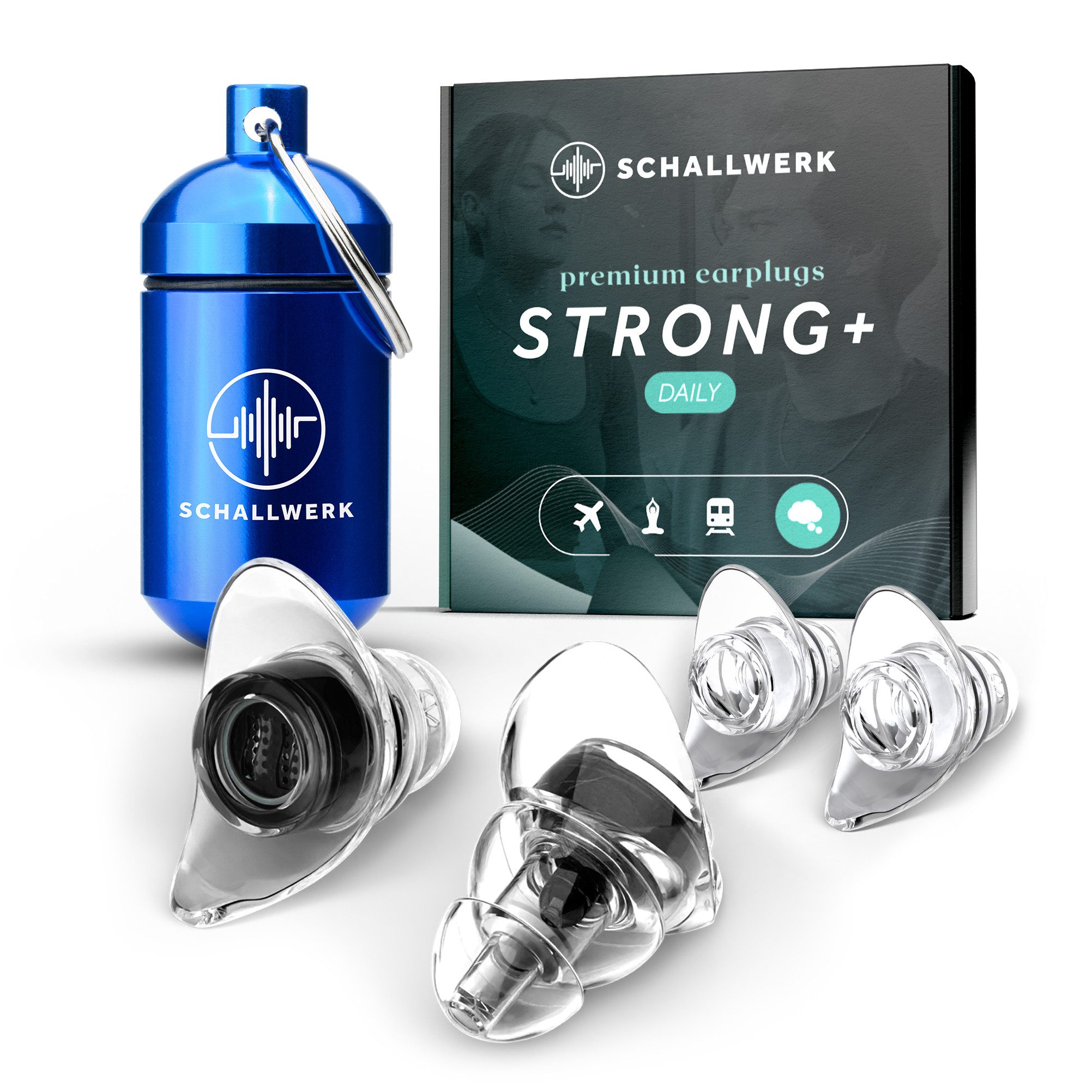 Schallwerk Gehörschutzstöpsel Strong+ Daily Ohrstöpsel dämpfen Lärm & erhalten Tonqualität, Ohrenstöpsel transparent mit Aufbewahrungsdose