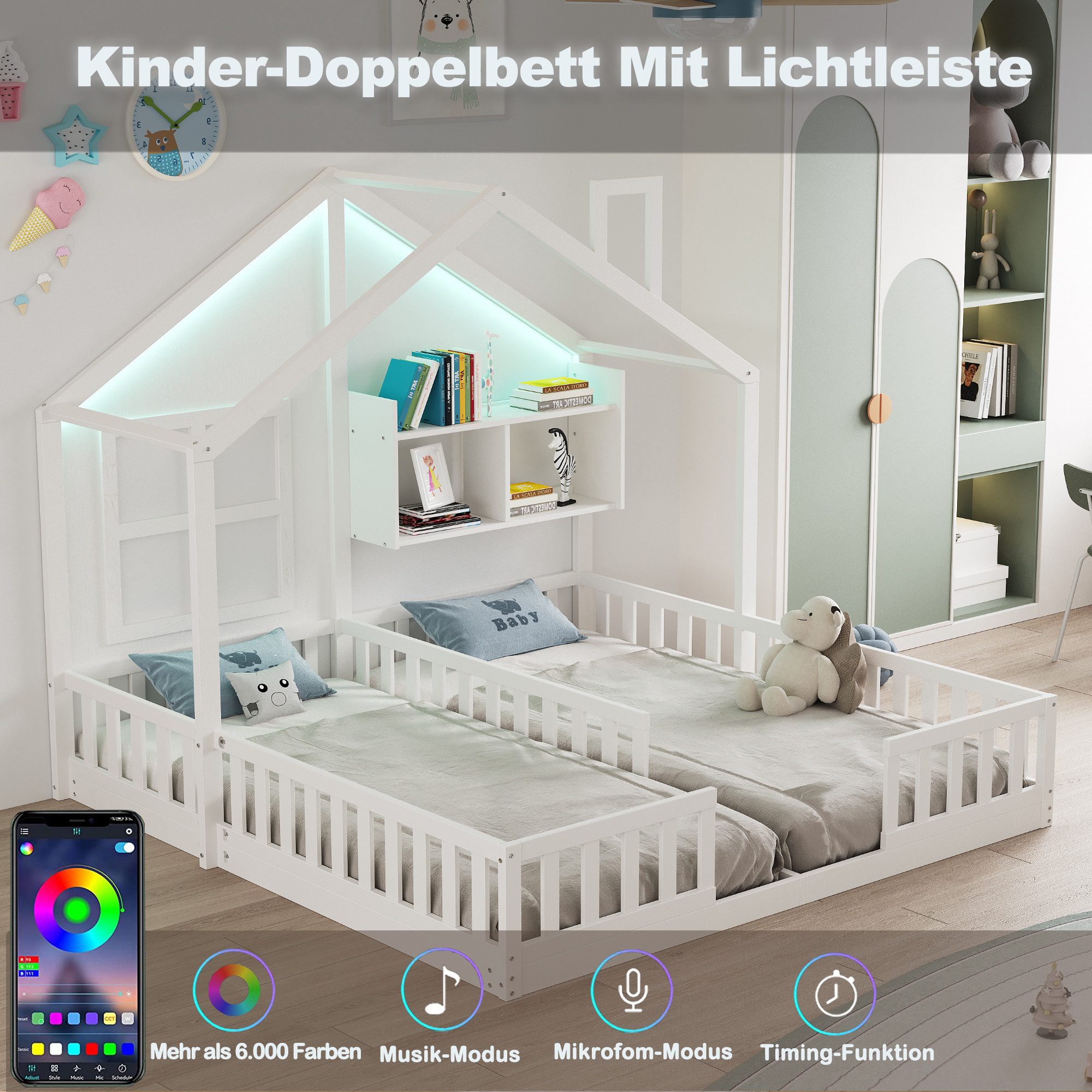 Merax Kinderbett 90×200cm Bodenbett mit LED-Licht, Jugendbett im Hausdesign (1-tlg), Doppelbett 90×200cm mit Sicherheitsgeländer, Ablagefach & Lattenrost – Bild 5 von 5