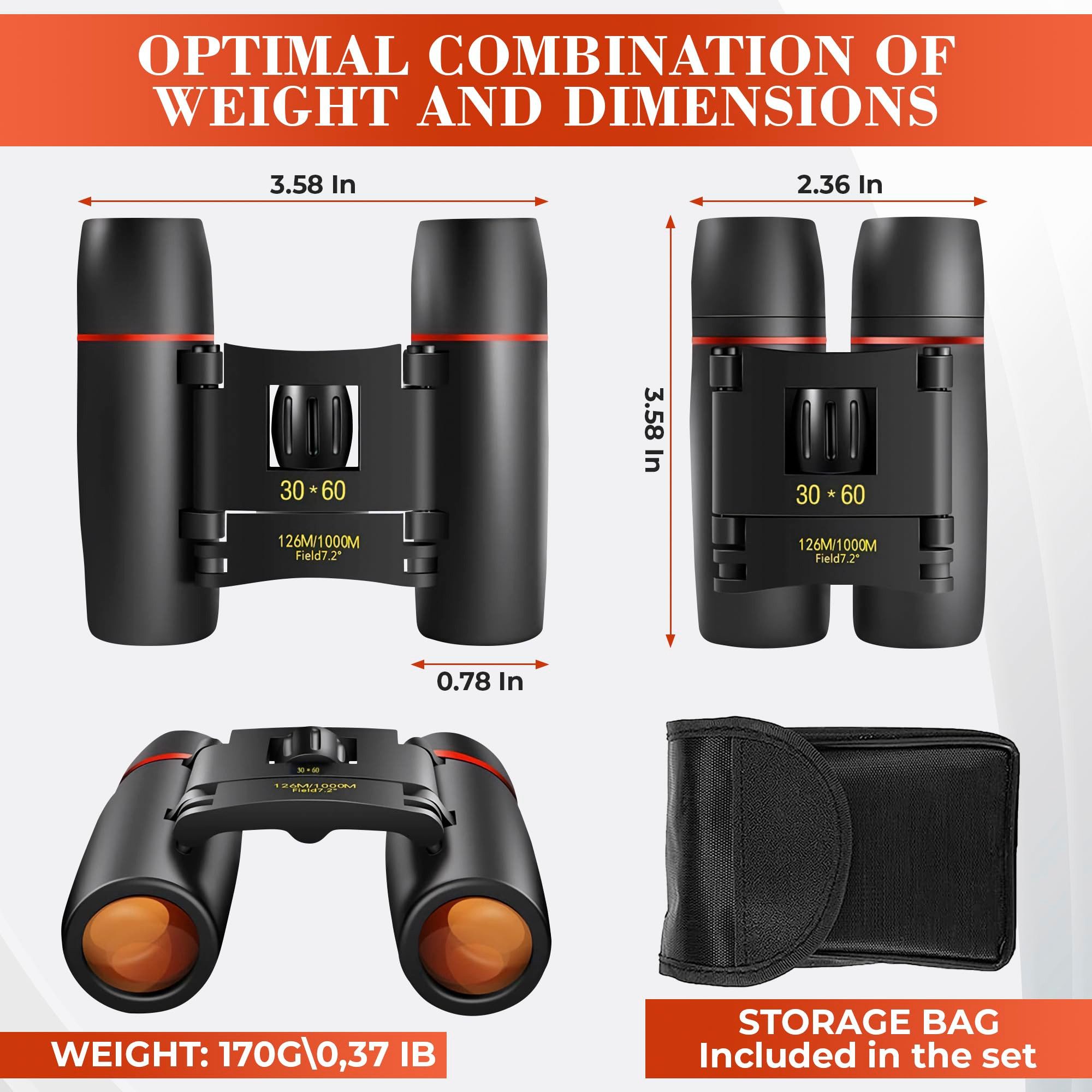 SURFOU 30x60 Zoom Fernglas – Klappbar, HD-Qualität Outdoor, Reisen Jagd Fernglas (Präzise Fokussierung, ergonomisches Design, Mini-Größe 11*8cm, Kompakt)