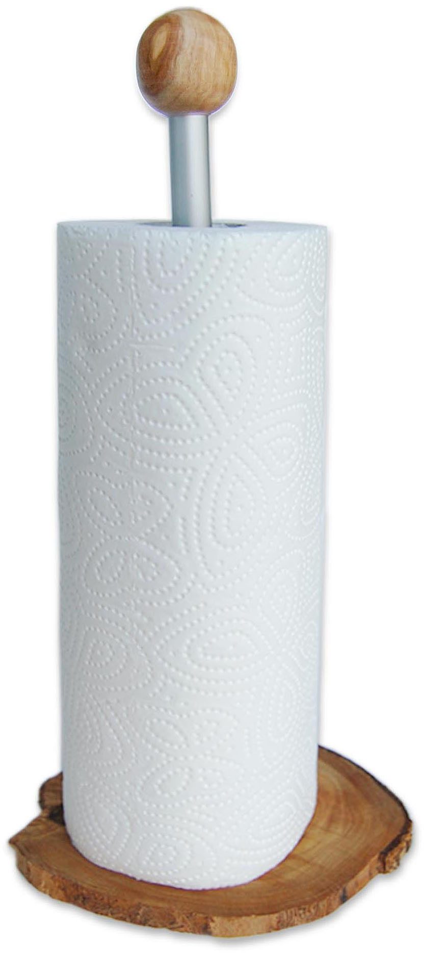 Olivenholz-erleben Küchenrollenhalter KLASSIK mit Alustange und Olivenholz, (1-St), Standsicherer Fuß aus rustikaler Olivenholzscheibe, Höhe ca. 32 cm