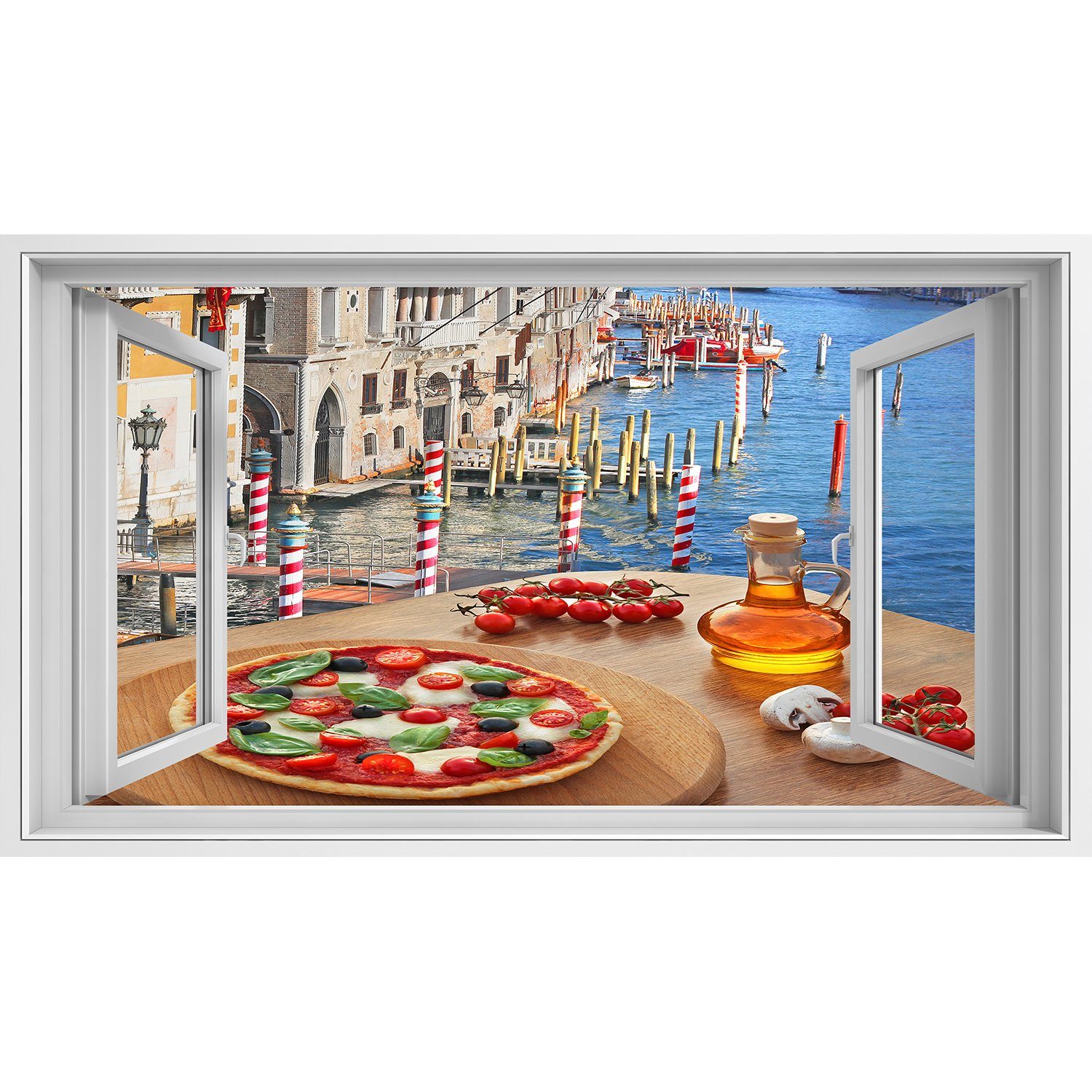 islandburner Leinwandbild Fensterblick Klassische italienische Pizza in Venedig gegen Kanal Ital