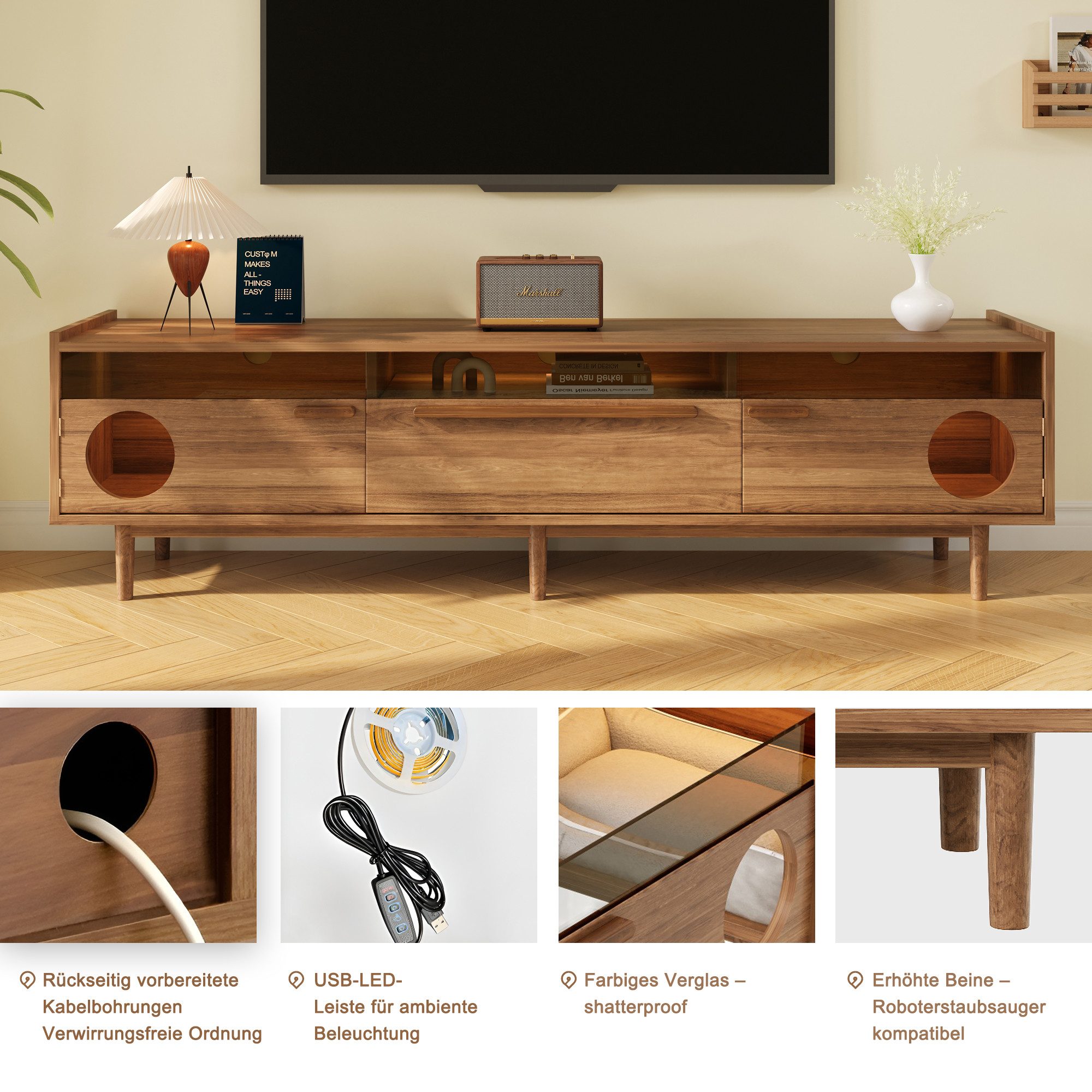 Celya Lowboard Moderner Fernsehschrank mit LED-Beleuchtung (stahlverstärkten Glastüren & 1 Schublade, ohne Katzenkissen, Nussbaumfarben, 180×40×50 cm), mit Katzenruheraum, Stützhebeln