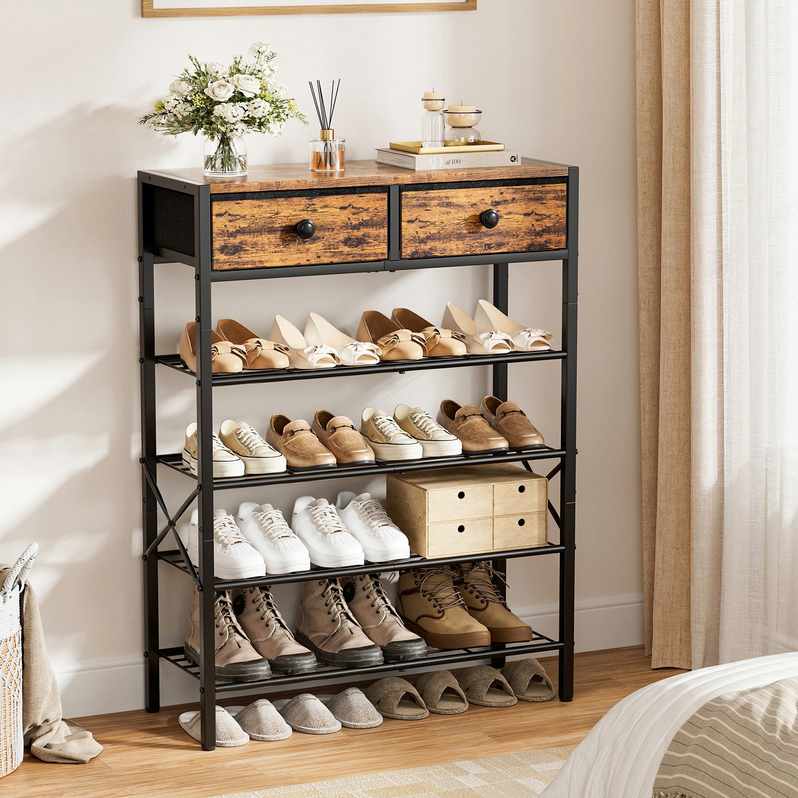 FABATO Schuhregal 5-stufiger Schuhorganizer mit 2 Vliesstoff-Schubladen & Holzplatte, 1-tlg., für Diele, Flur oder Kleiderschrank in Rustikal Braun