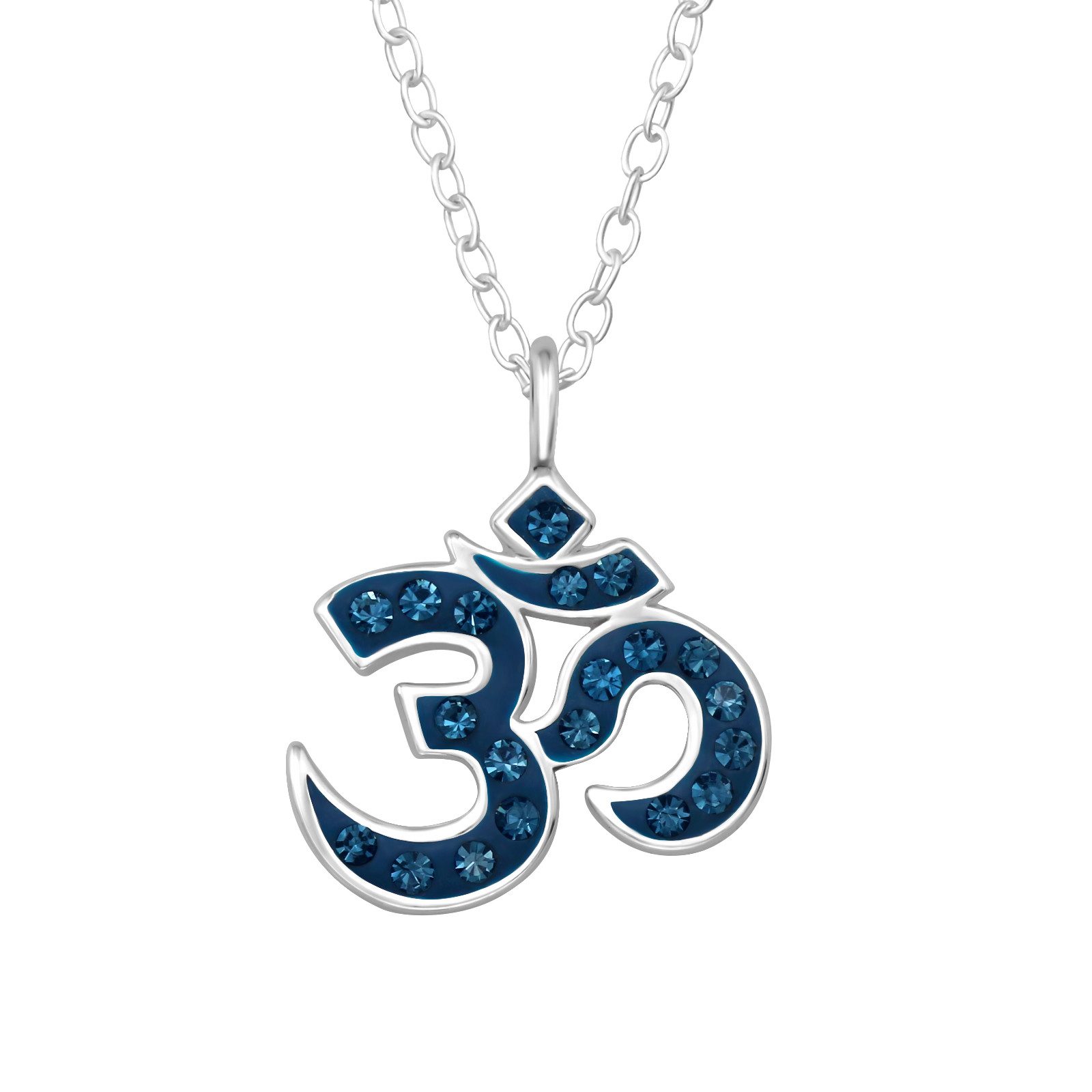 BUNGSA Kette mit Anhänger Kette Om Zeichen mit blauen Kristallen aus 925 Silber Damen (1-tlg), Halskette Necklace