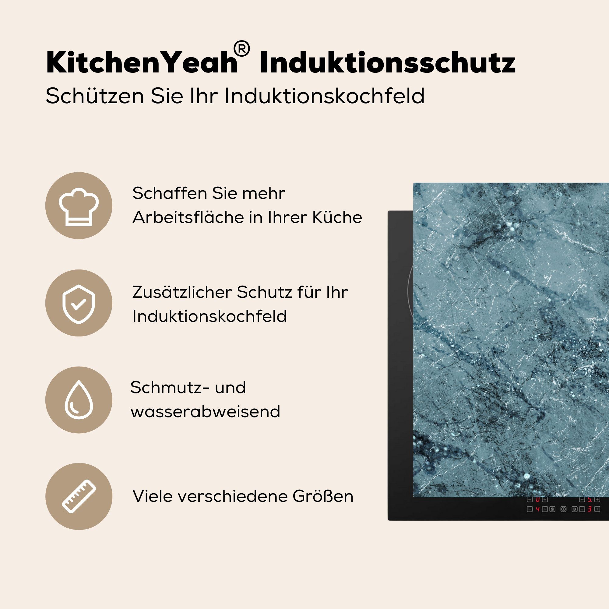 (1 für Herdblende-/Abdeckplatte tlg), MuchoWow Glitter, - cm, Arbeitsplatte küche Ceranfeldabdeckung, - Vinyl, 78x78 Blau Marmor