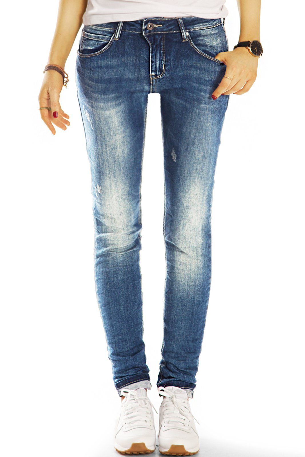 be styled Low-rise-Jeans Damenjeans destroyed niedrig geschnittene Röhrenjeans j4m 5-pocket, destroyed