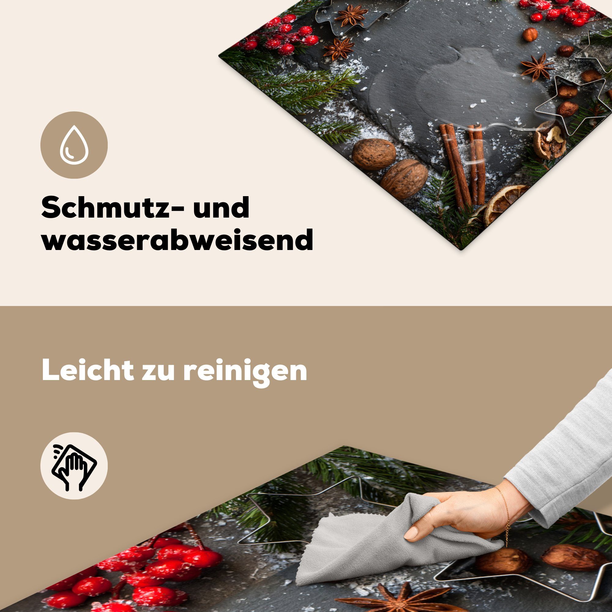 Arbeitsfläche Vinyl, Ceranfeldabdeckung MuchoWow Kräuter Herdblende-/Abdeckplatte cm, 60x52 Weihnachten (1 - - tlg), - Stillleben Winter, nutzbar, Mobile