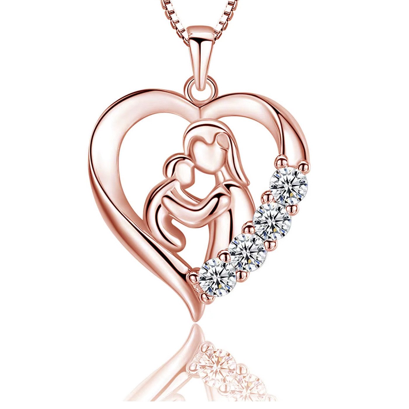 ELLAWIL Silberkette Herzanhänger Geburt Zirkonia Glitzerstein Mutter & Kind / Baby (GESCHENKIDEE, Geburtskette, Herzkette, Kettenlänge 40 cm, Sterlingsilber 925), inklusive Geschenkschachtel