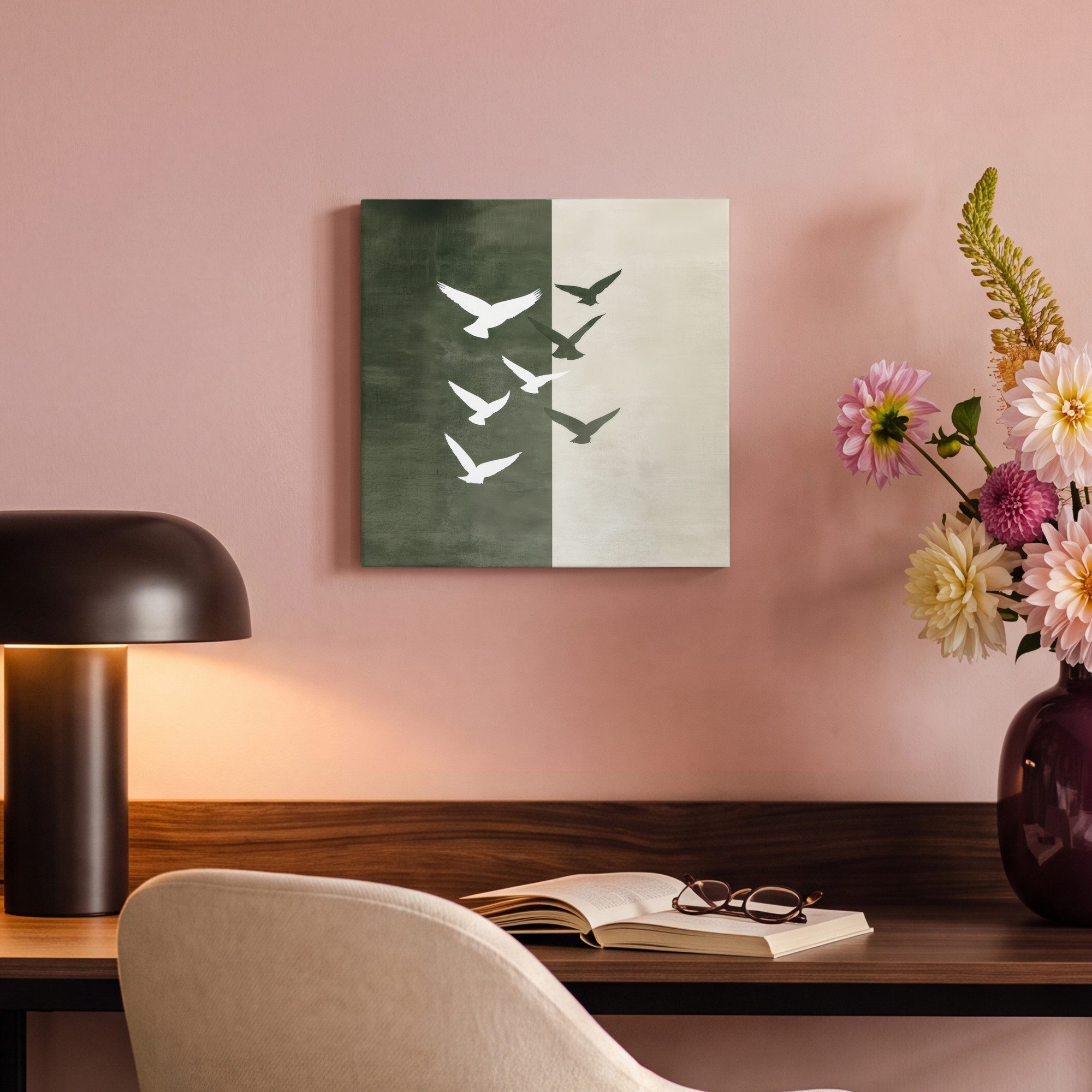 OneMillionCanvasses® Leinwandbild Japandi - Vogel - Grün, Fotodruck (1 St), Wandbild, Deko Schlafzimmer Wohnzimmer Flur 20x20 cm – Bild 4 von 5