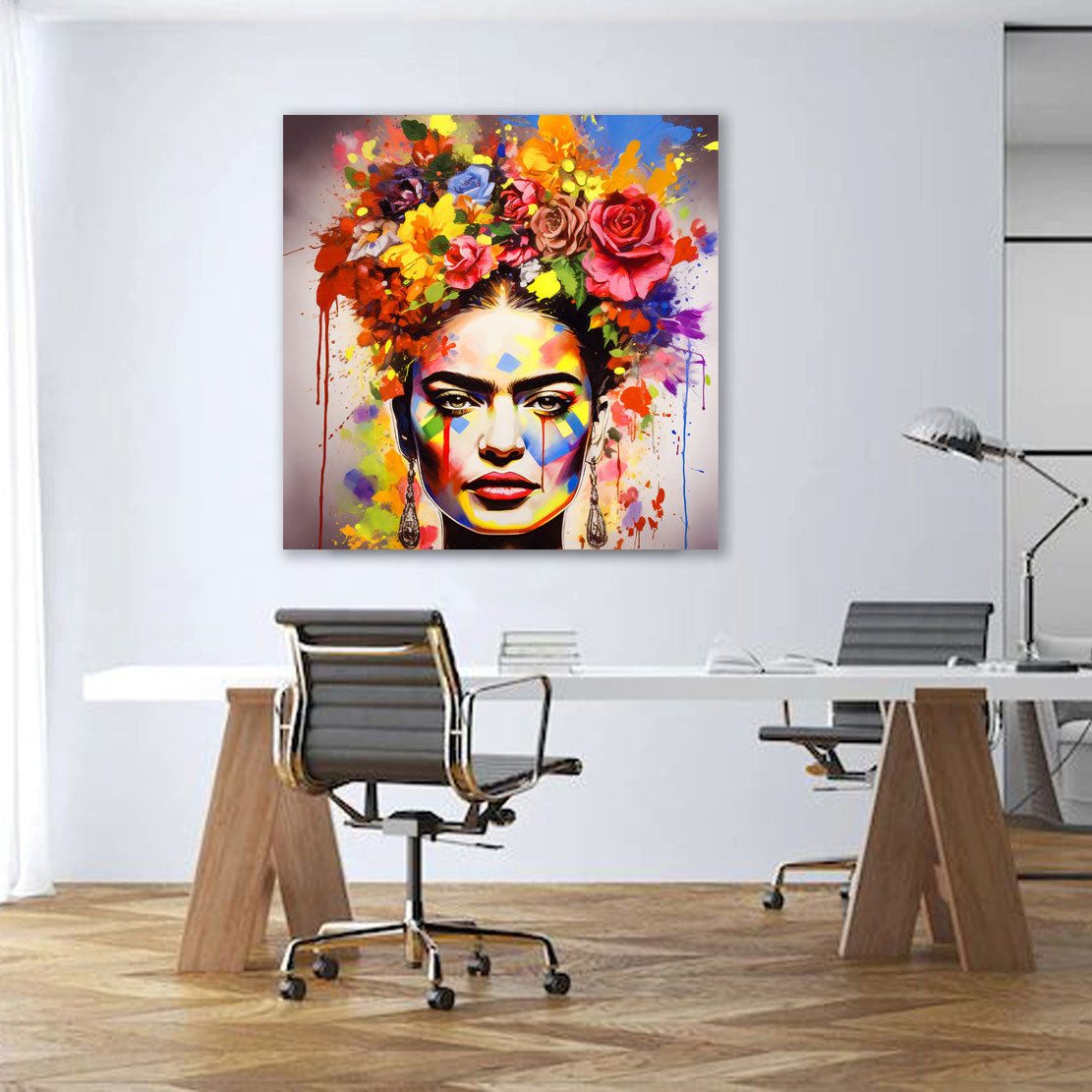 Artedinoi Leinwandbild Frida buntes Portrait mit Blumen Pop Art Leinwandbild Wandbild Wanddek, Frida Kahlo, Blumenporträt bunt
