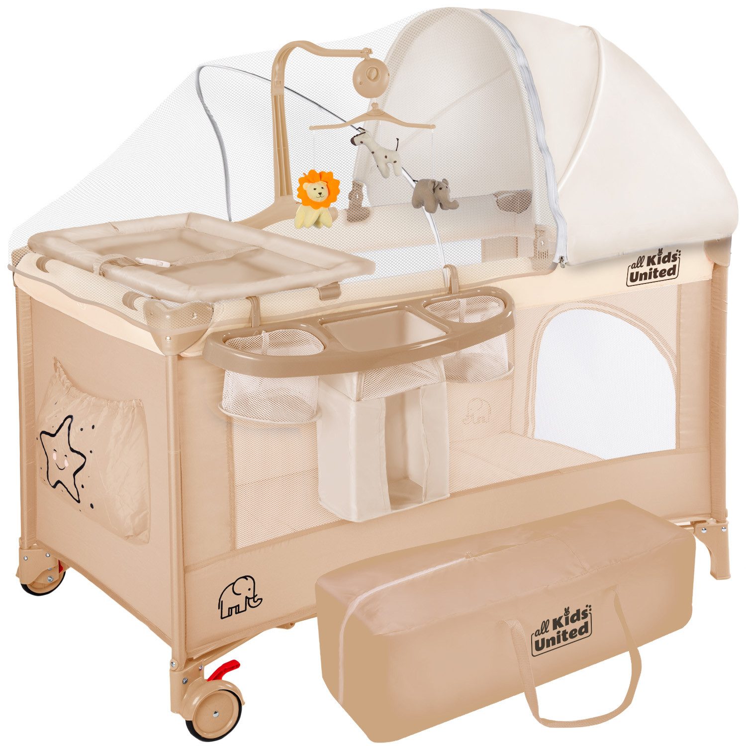 all Kids United Baby-Reisebett Faltbares Baby Reisebett- Babybett mit Matratze, Tragetasche&Stauraum, mit Wickelauflage