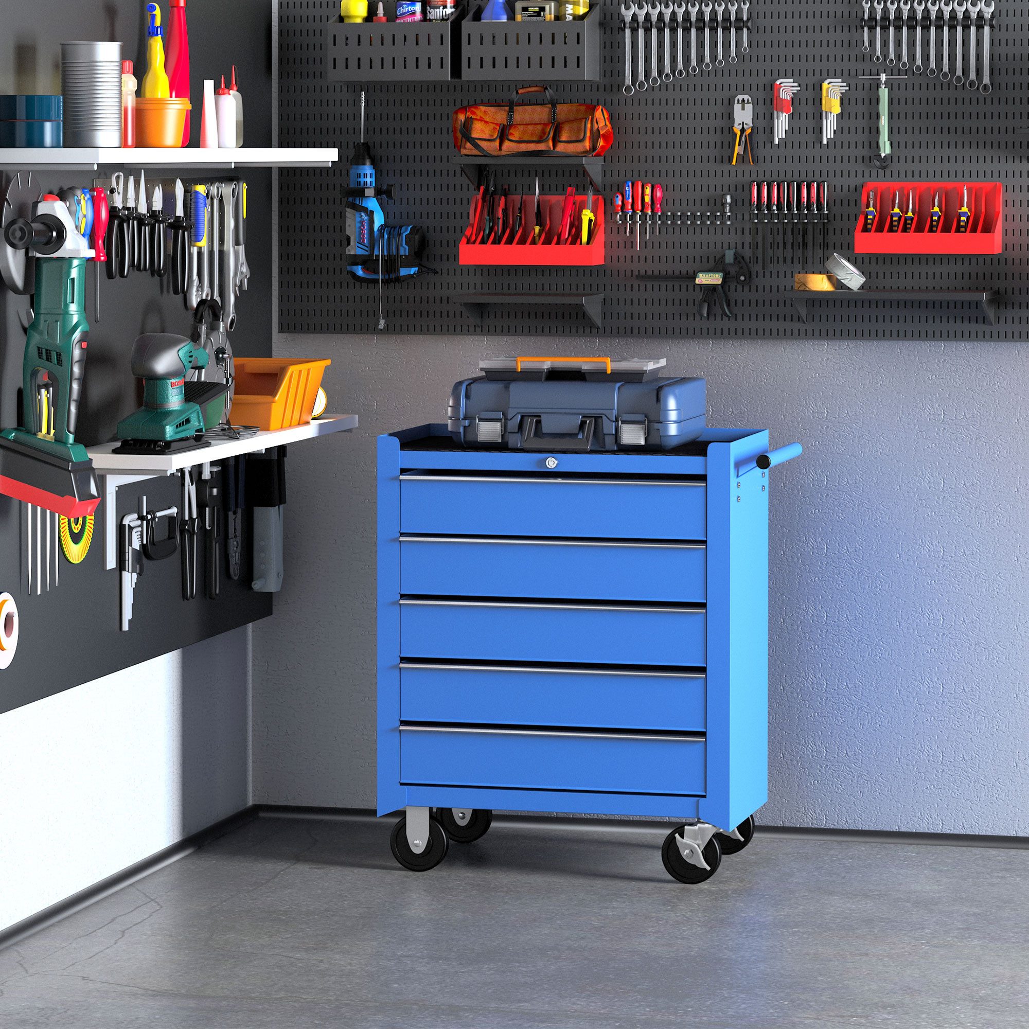 HOMCOM Werkstattwagen Werkzeugwagen leer abschließbar, Rollwagen mit 5 Schubladen, max. Traglast:100 kg, (Set, 1-tlg., Fahrbarer Werkzeugwagen), Blau 67,5 x 33 x 77 cm