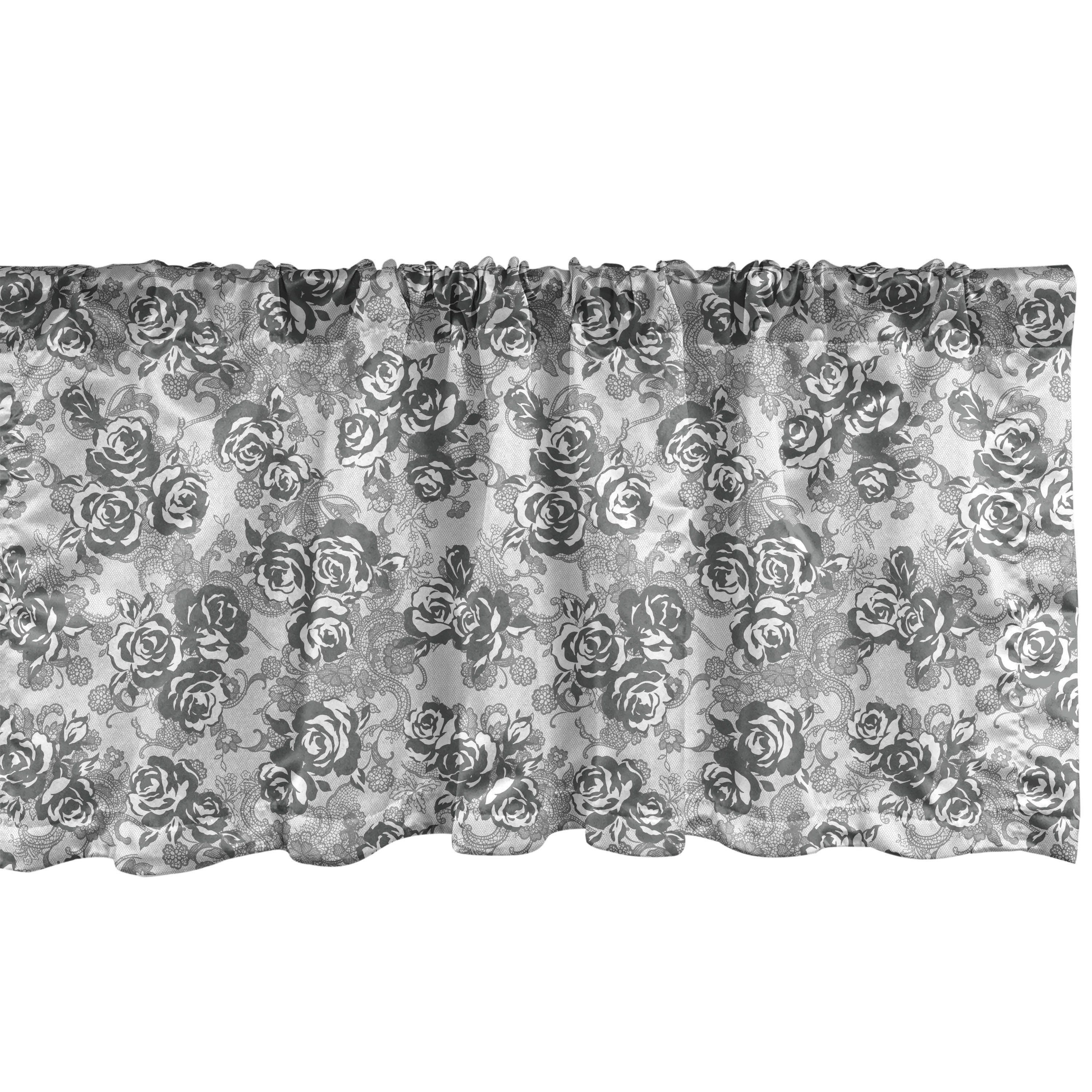 Rosen-Muster Abakuhaus, Volant für Schlafzimmer Scheibengardine mit Küche Blumen Vorhang Dekor Microfaser, Stangentasche, in Graustufen