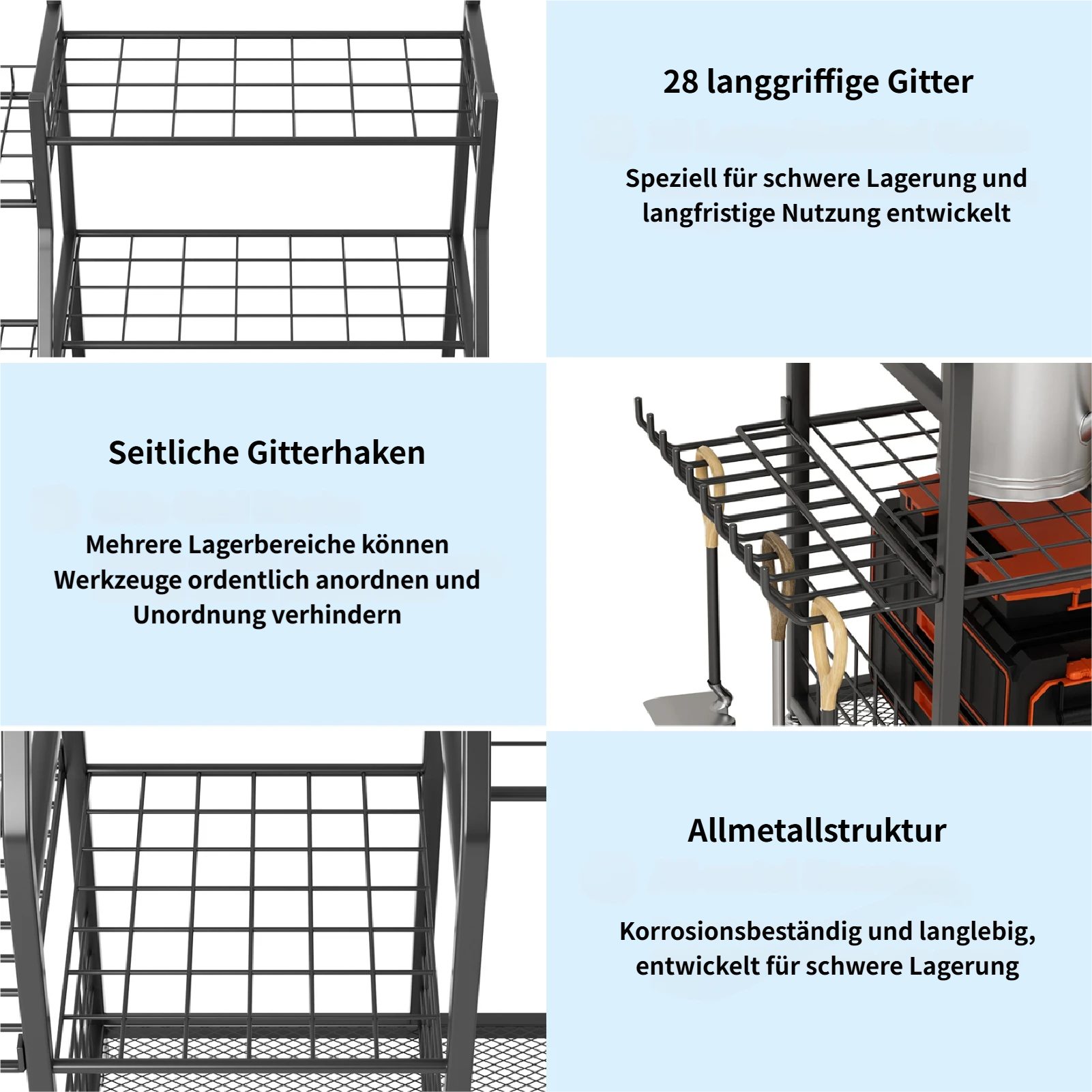 Rutaqian Gartengerätehalter Gartengerätehalter, Gartenwerkzeug Aufbewahrung Standgerät mit Rollen, (Garage Organizer mit viel Stauraum, 92 x 40 x 95 cm)