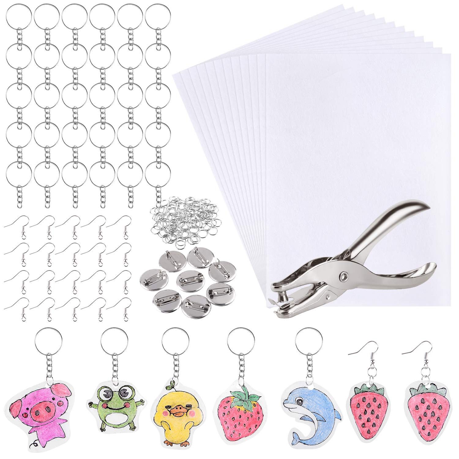 FOUORTUNATE-BEE Multitool 181 Stück Schrumpffolie Set Schrumpfplastik Set, (nthält Schrumpfkunstpapier, Locher, Ohrhaken, Broschen und Schlüsselanhänger für DIY, 181 St)