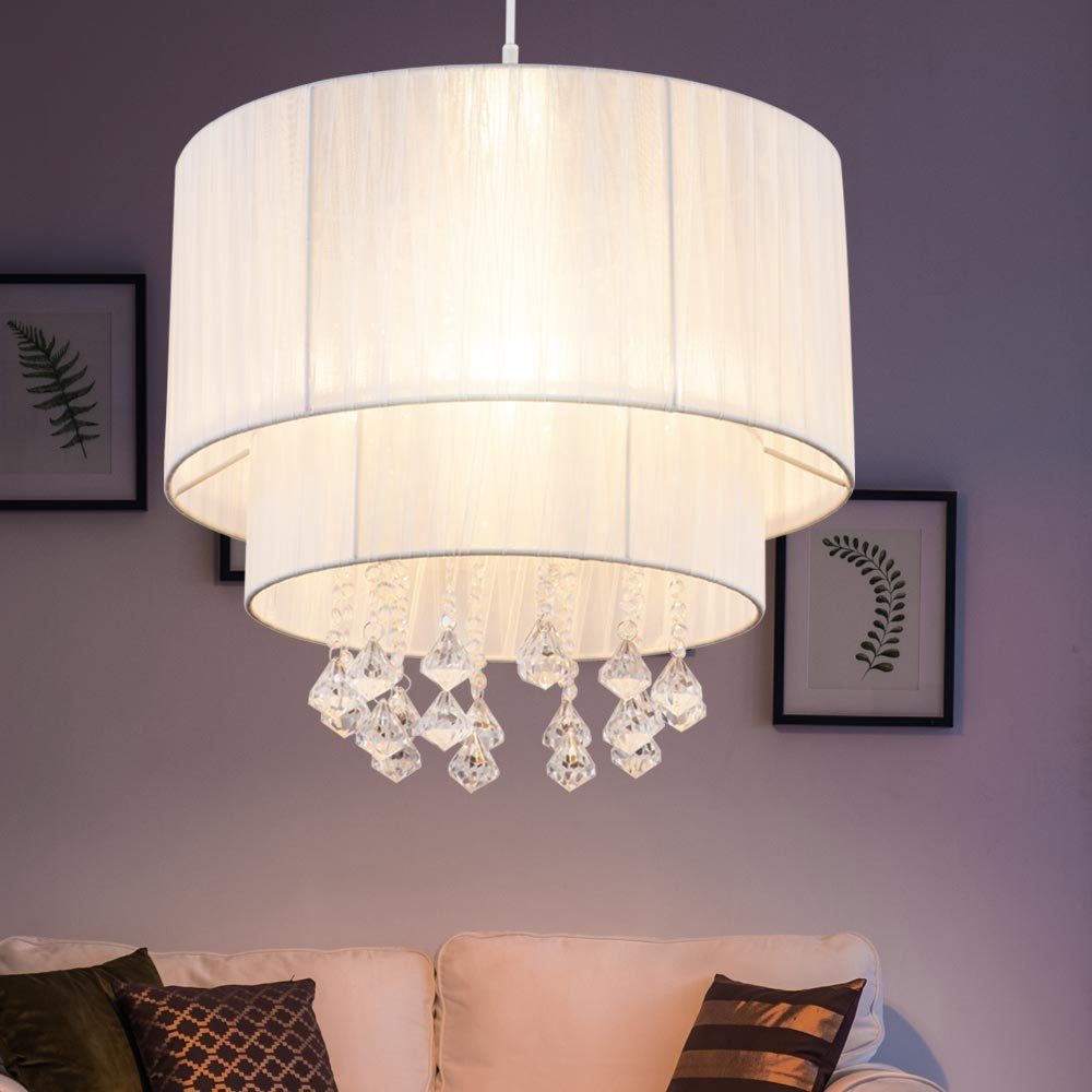 etc-shop LED Pendelleuchte, Leuchtmittel inklusive, Warmweiß, Kristall Decken Hänge Lampe weiß Wohn Ess Zimmer Textil