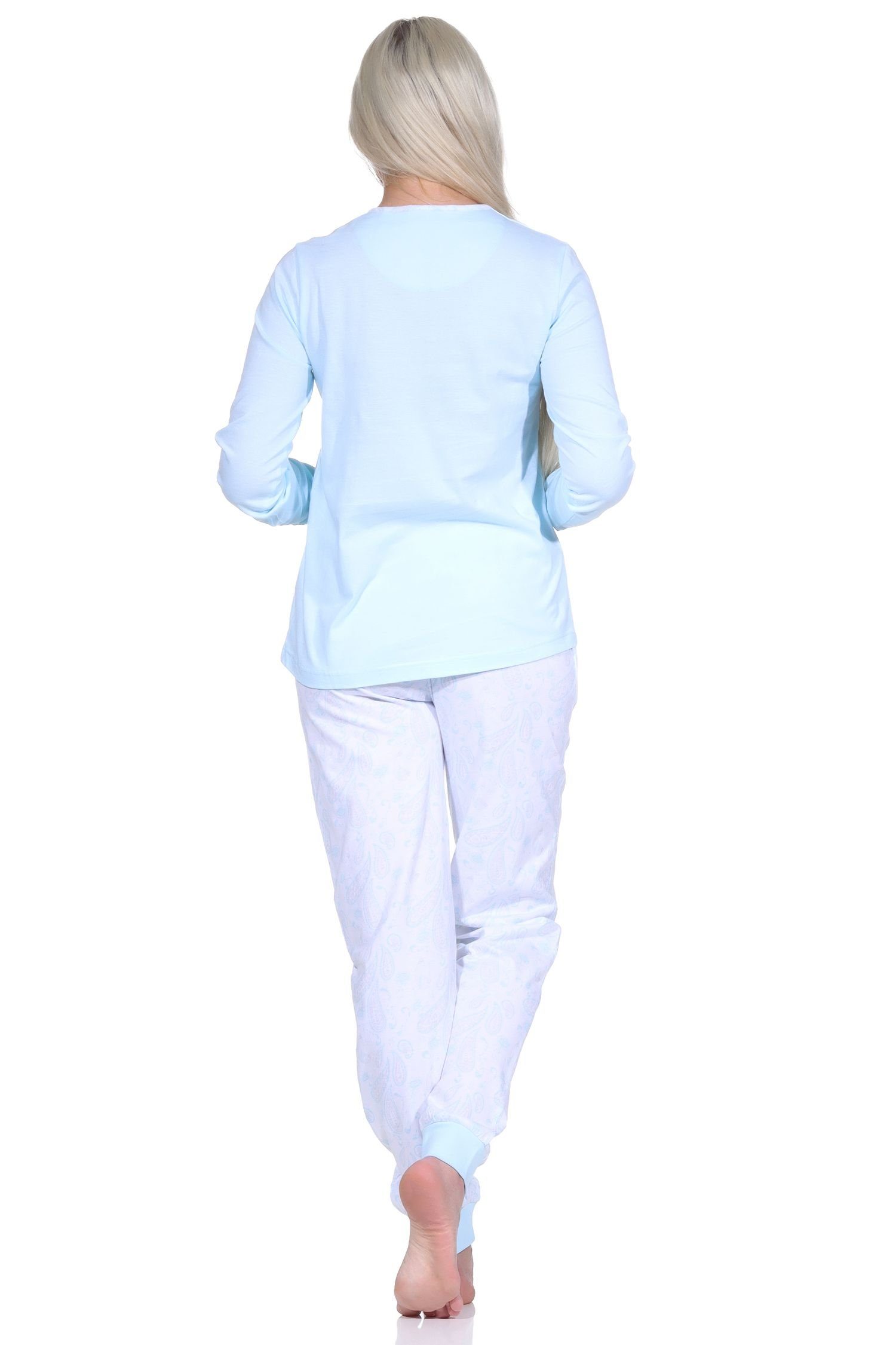 Normann Pyjama Paysley + Hose mit langarm Knopfleiste Schlafanzug Damen gemusterter hellblau