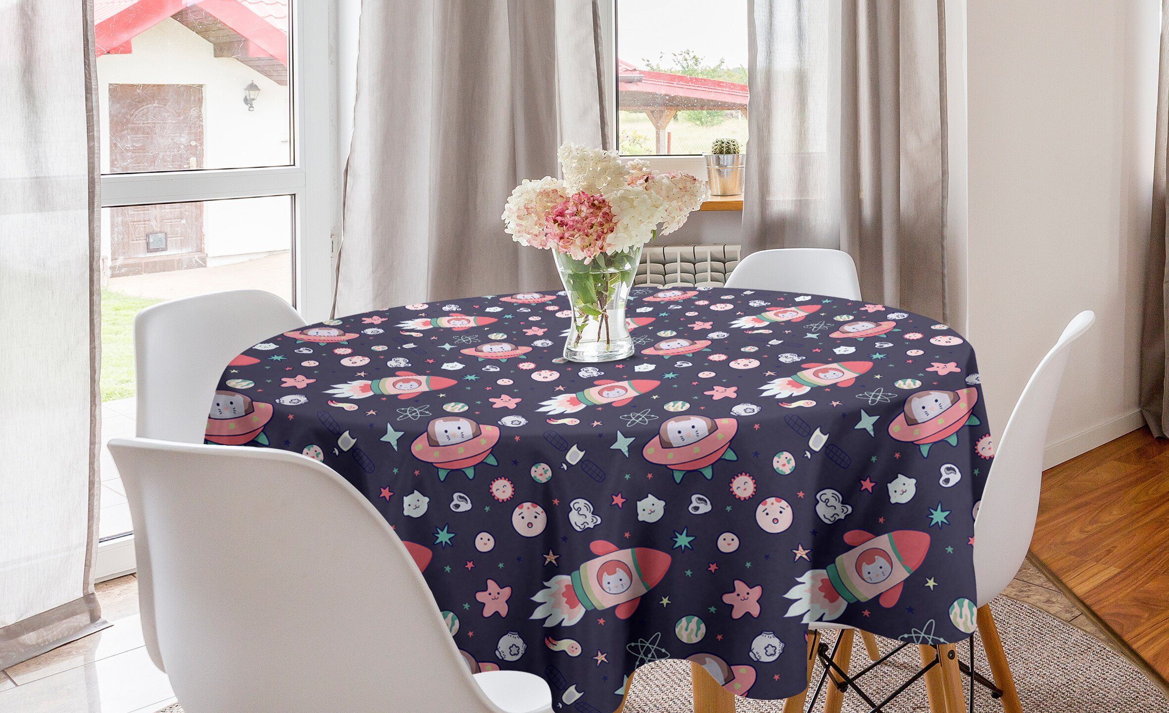 Abakuhaus Tischdecke Kreis Tischdecke Abdeckung für Esszimmer Küche Dekoration, Platz Kawaii Katze in einem Rocket-Sterne