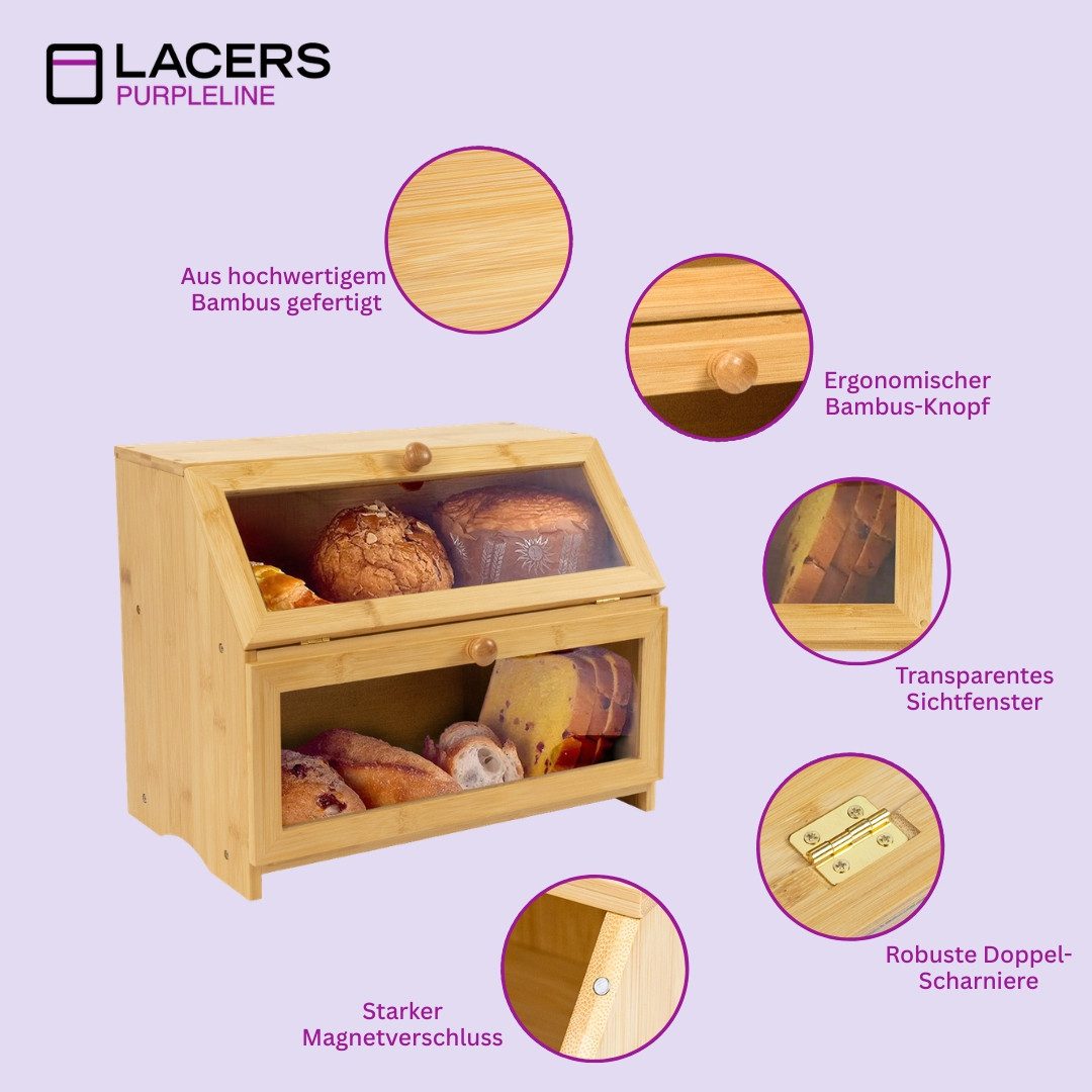 Lacers Brotkasten aus Bambus mit 2 Etagen & Sichtfenster, Bambus, (Brotkasten, Zweistöckige Ausführung, 39,5x25x32cm, 1 Brotkasten), Platzsparende Brotaufbewahr – Bild 4 von 5