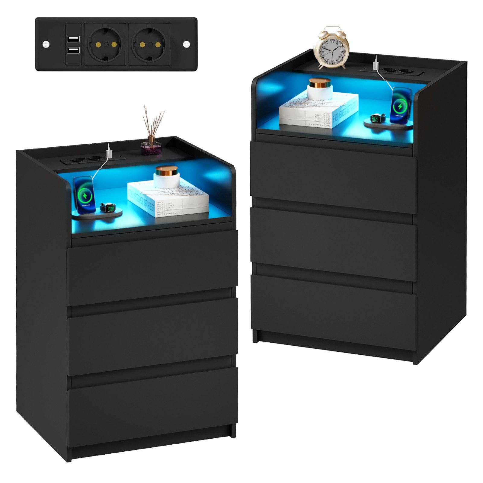 BEWISHOME Nachttisch mit LED-Beleuchtung, Steckdosen & USB-Anschlüssen, 40x35x68cm (2-St), Moderner Schlafzimmerschrank mit Stauraum