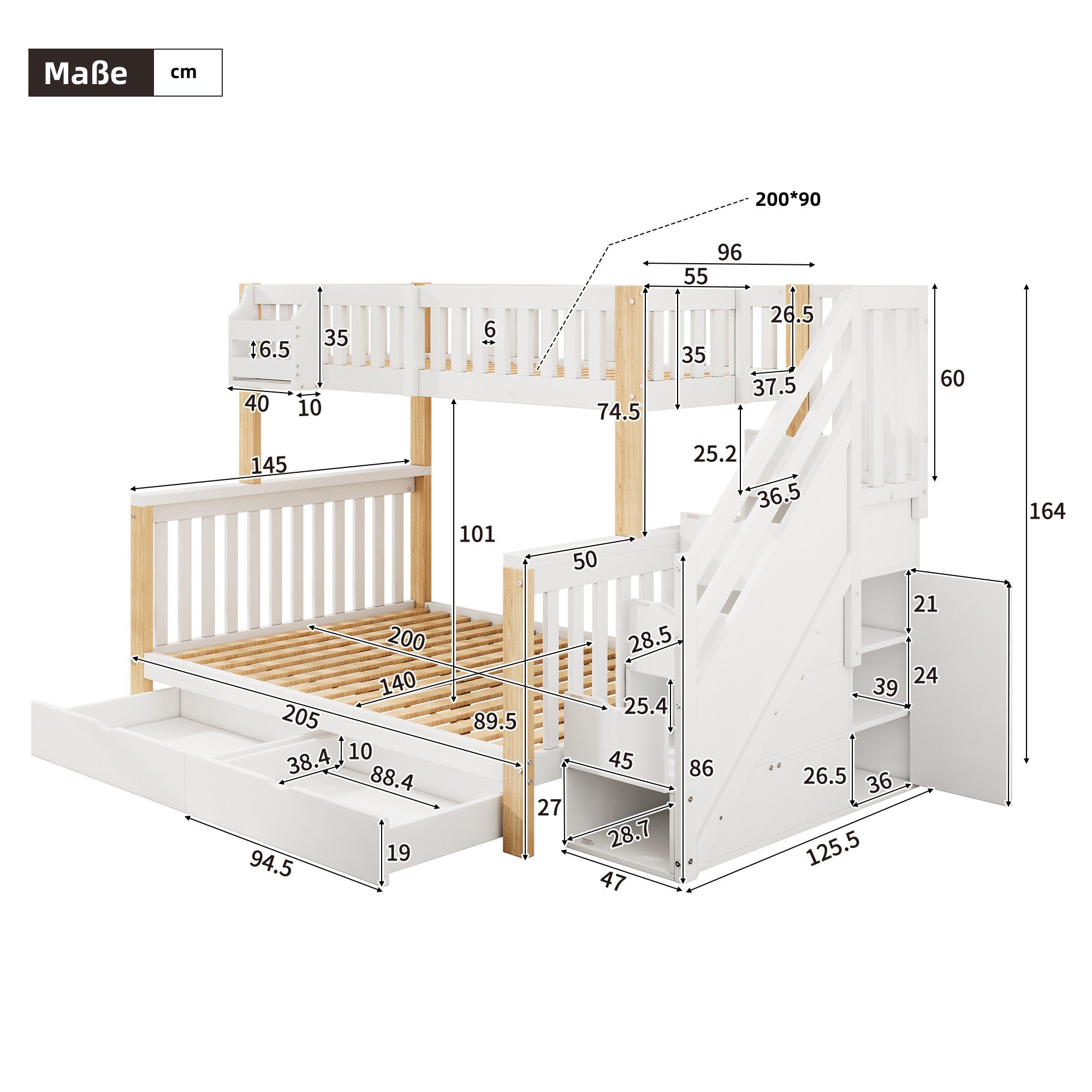 Ulife Etagenbett mit Ablagekorb, Schublade, Treppenschrank, günstig online kaufen